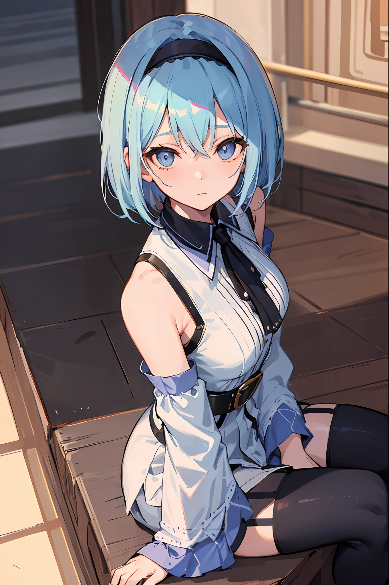 Anime girl sitting on a bench with blue hair and a blue dress - SeaArt AI