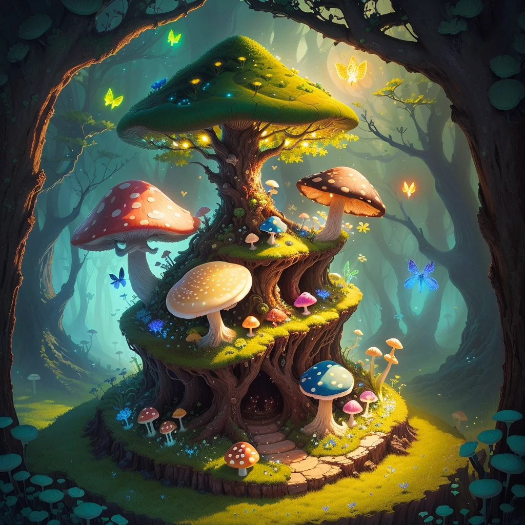 majistic anthill with mushroom and glowing dragonfly sitting on top, fantasy, art