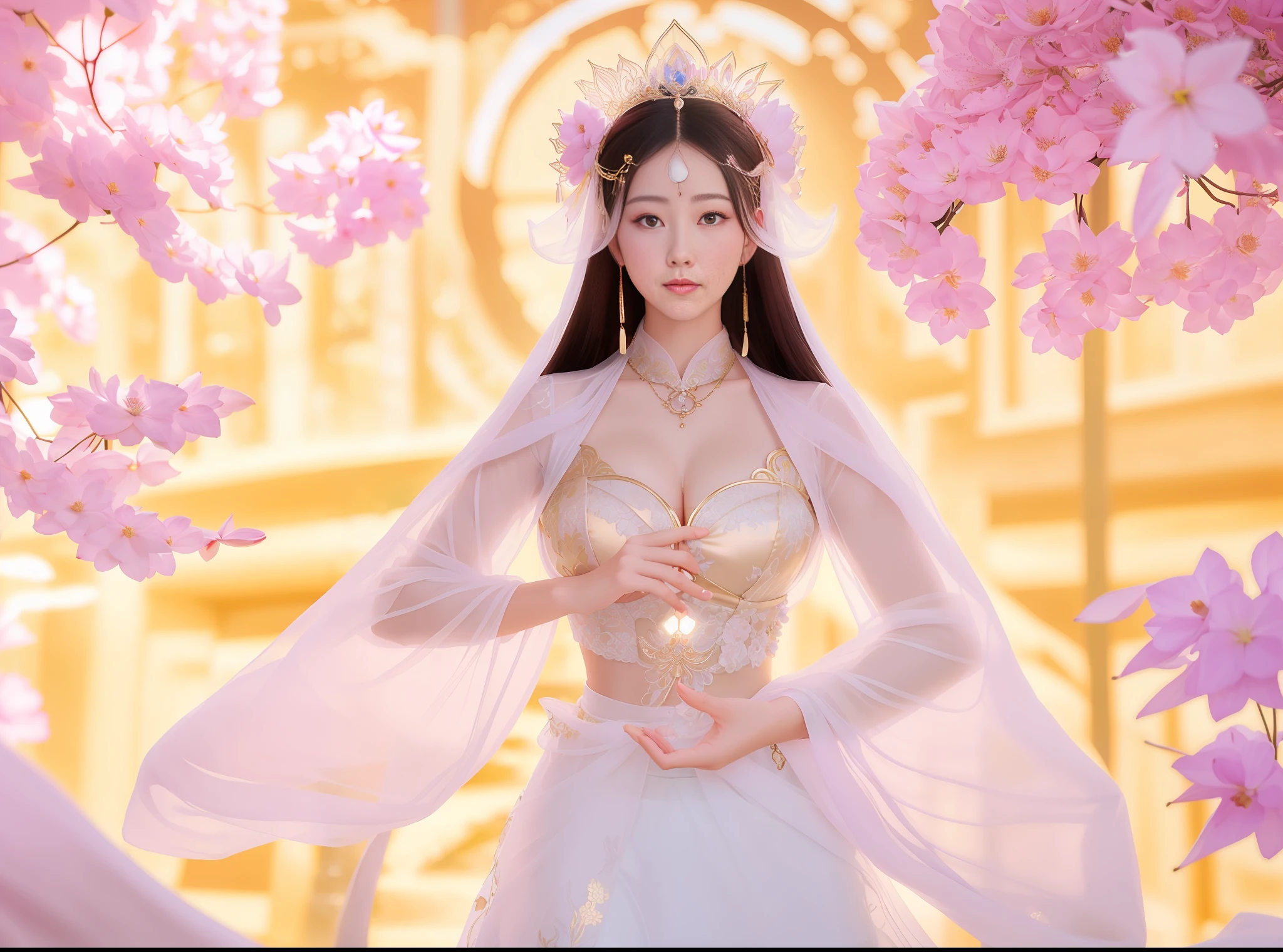 a close up of a woman in a sexy transparent white gold lace armor low cleavage breasts with a lotus flower in her hand, head jewelry, violet necklace , a beautiful fantasy empress, ((a beautiful fantasy empress)), beautiful celestial mage, beautiful and elegant elf queen, beautiful character painting, full body xianxia, portrait knights of zodiac girl, by Yang J, g liulian art style, fantasy art style, foreshortening