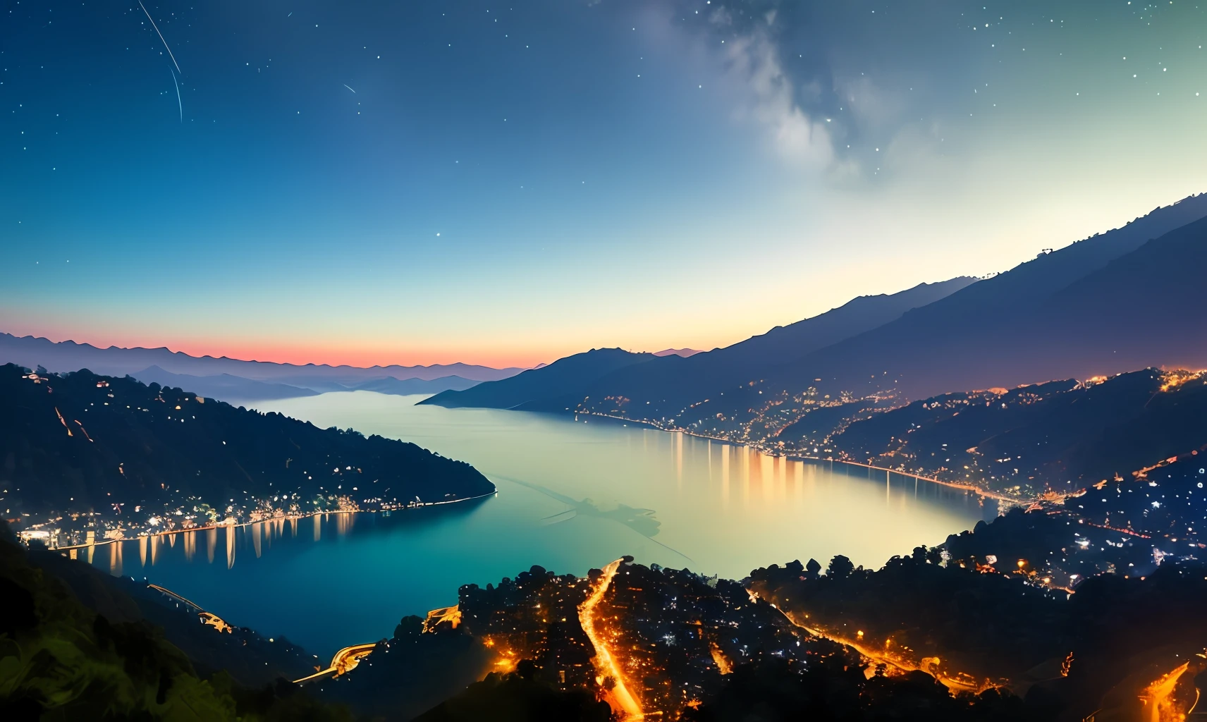 In this midjourney prompt, let the magic of Nainital unfold as the alien and the city intertwine. Show glimpses of the famous Naini Lake, reflecting the starlit sky above, as Rohit and his extraterrestrial friend embark on unforgettable adventures through the narrow lanes and scenic viewpoints.