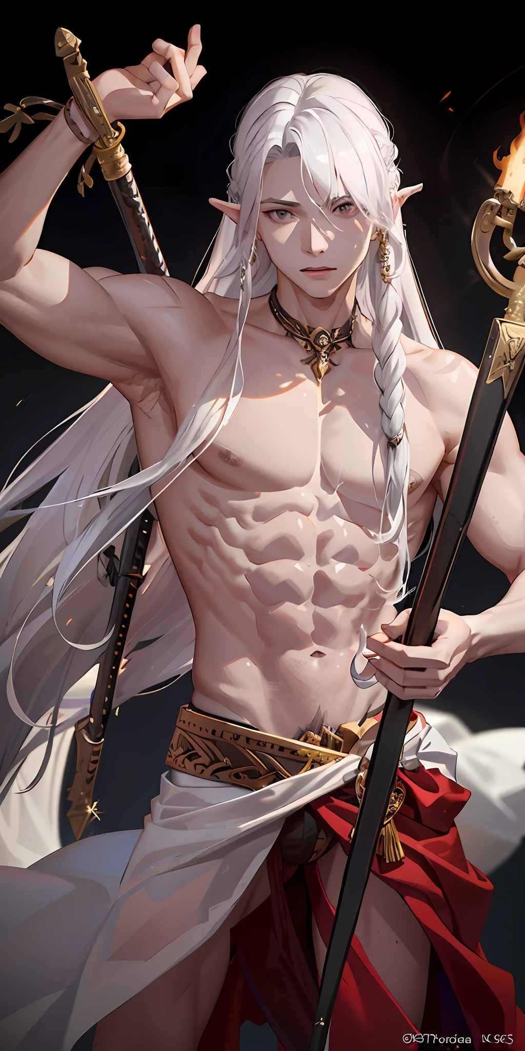 Boy, black skin, white hair, abs, no clothes, Shota, collar
