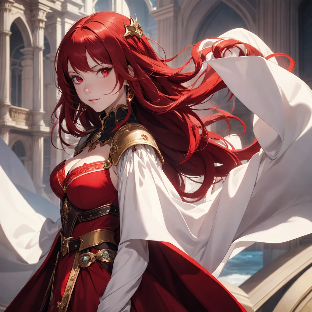 masterpiece, best quality, 1woman adult, older milf, female focus, solo, red hair, vibrant red eyes, long hair, hair between eyes, looking at viewer, cape, closed mouth, upper body, bangs, high collar,(kbxll:0.6), Fantasy aesthetics, fantasy earring, Highly detailed, white dress, shadowverse character concept, shadowverse style