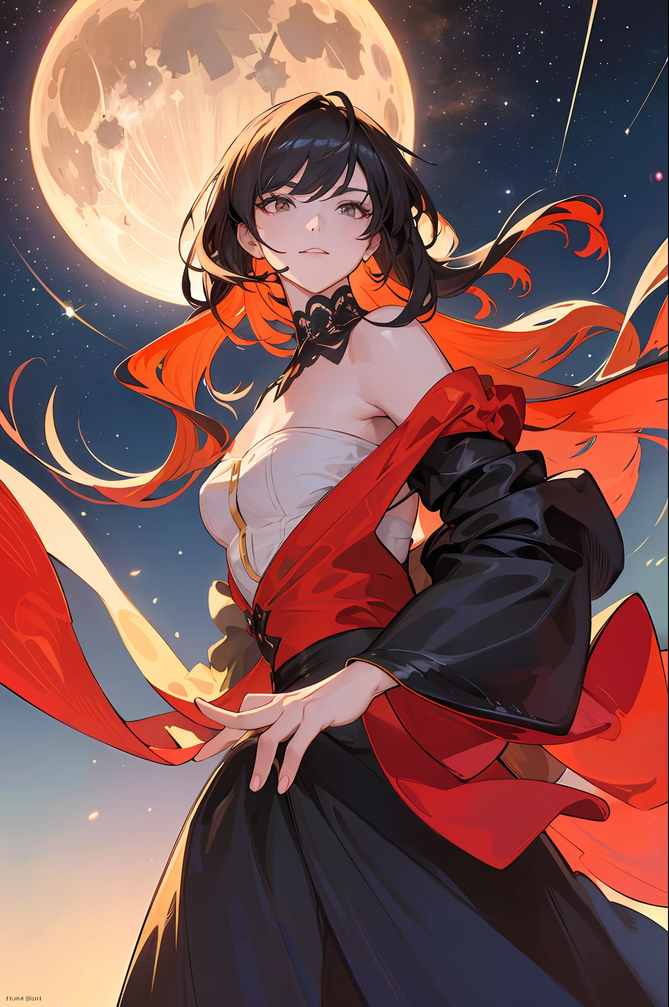 brutalist,vivid colors,aesthetic,(realistic, photorealistic),(masterpiece, best quality, ultra detailed),(intricate details, ultra realistic details, illustration),anatomy body.5finger.beautiful finger.
Detailing the night sky.
The starry night sky. full moon.The Milky Way galaxy is visible. A woman stands in the distance on a hill.
The woman's face is backlit by stars and not clearly visible. Long hair. Smiling. She is wearing a black ruffled blouse. She is wearing a long crimson skirt. The sleeves are loose and move as she dances. She moves smoothly as if she were a living creature.
The hill is covered with underbrush.
A distant angle from below. Wide angle. The figure occupies 3/1 of the picture plane.