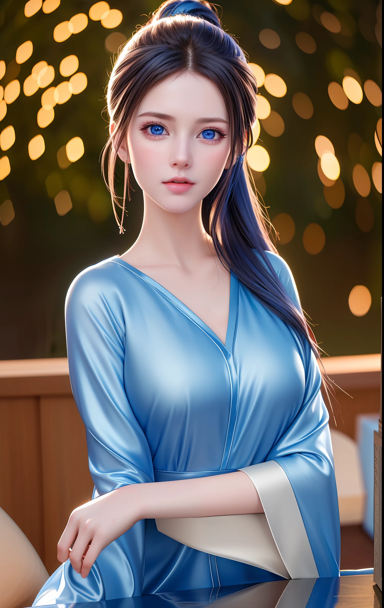 best quality, masterpiece, high_res, 1girl, Beautiful face, (blue eyes), (photo realistic:1.3), rim lighting, (high detailed skin:1.2), 8k uhd, dslr, high quality, high resolution, 4k, 8k, Bokeh, medium breasts, absurdres, ponytail contorted, best ratio four finger and one thumb, (realistic:1.2),