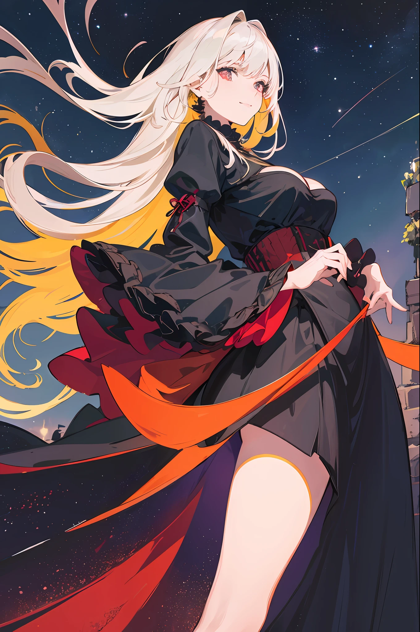 brutalist,vivid colors,aesthetic,(realistic, photorealistic),(masterpiece, best quality, ultra detailed),(intricate details, ultra realistic details, illustration),anatomy body.5finger.beautiful finger.
Detailing the night sky.
The starry night sky. full moon.The Milky Way galaxy is visible. A woman stands in the distance on a hill.
The woman's face is backlit by stars and not clearly visible. Long hair. Smiling. She is wearing a black ruffled blouse. She is wearing a long crimson skirt. The sleeves are loose and move as she dances. She moves smoothly as if she were a living creature.
The hill is covered with underbrush.
A distant angle from below. Wide angle. The figure occupies 3/1 of the picture plane.