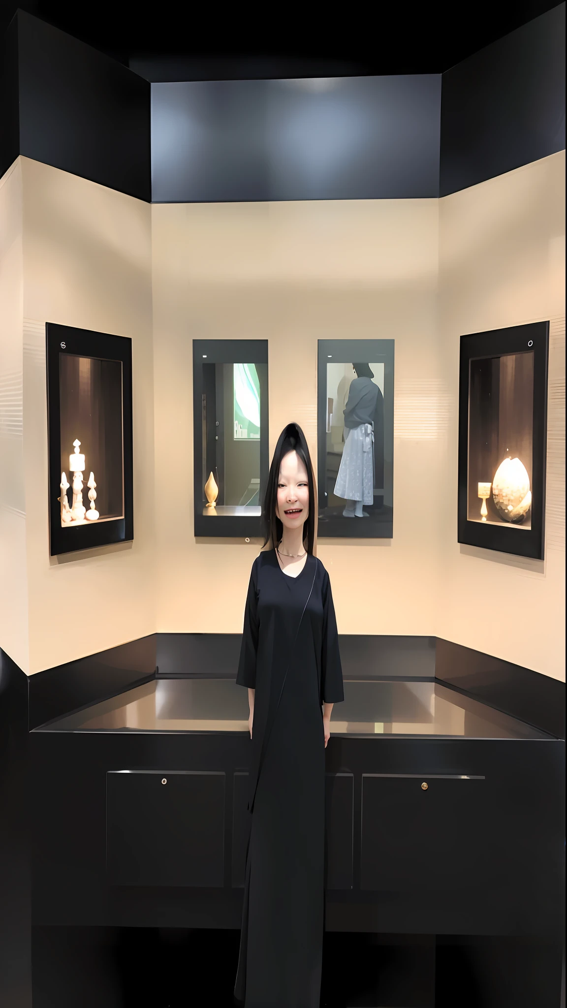 arafed woman standing in front of a display of jewelry, artist arata yokoyama, portrait of a museum art curator, with dong son bronze artifacts, in a museum room, museum curator, rinko kawaichi, museum photoshot, korean artist, kiyoko suzuki, eiko ishioka, in the museum, nanae kawahara