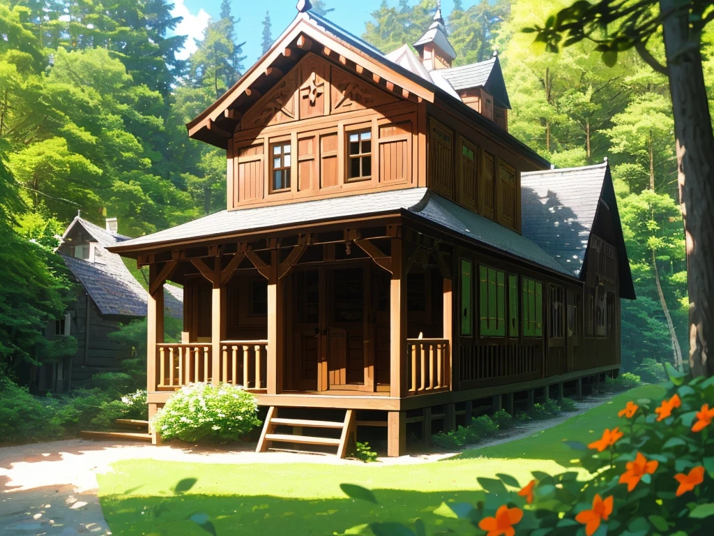 huge wooden Slavonic house, well sunlit, porch, two storeys, carved casings on the windows, small turrets, Slavonic house, wood carvings, by the river against a pine forest background, sunny summer day, very many flowers in front of the house