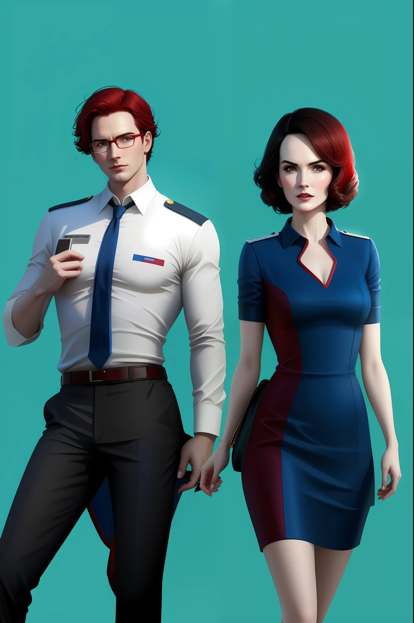 Michelle dockery in red-blue-red-dress, Jason butler harner as a pilot in glasses, background is blue sky with airplanes, 2d-style, digital, cartoon style, best quality,