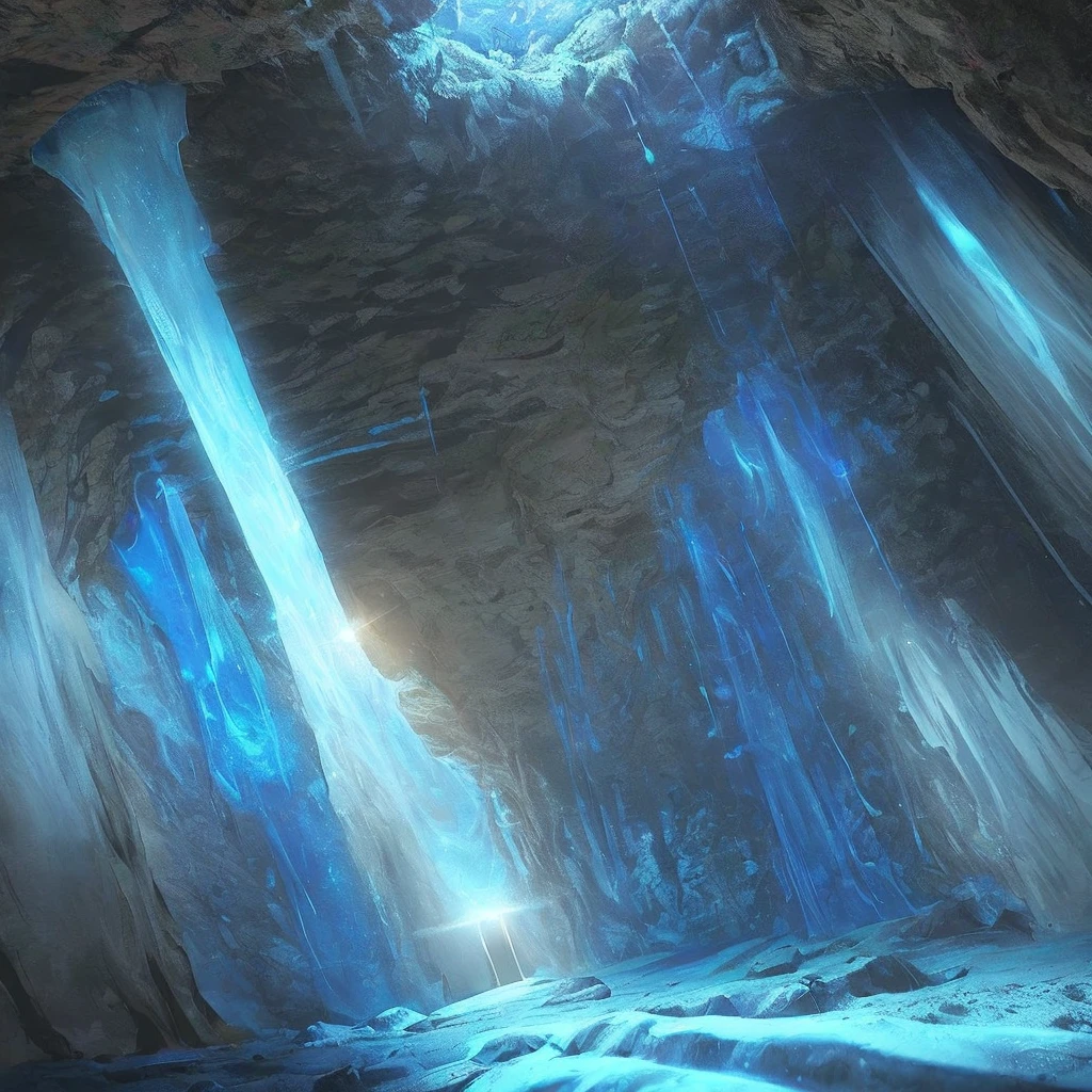 a cave with a small blue light in the background. Magic. cave. Tunnel perspective.