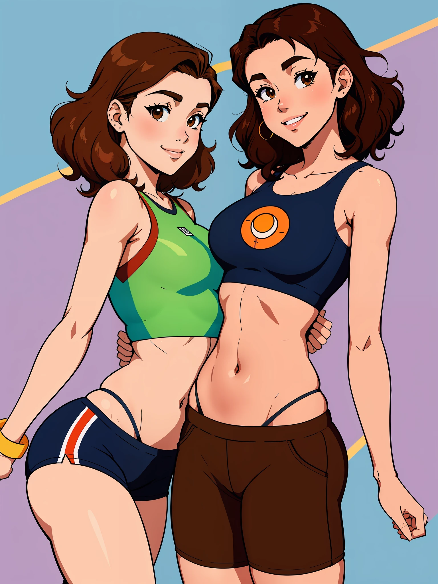 Anime Style, Kevin Dart city background, Beautiful Woman, 20 years old, short brown curly hair, brown eyes, cute smile, medium bust, crop top, boyshorts, flat belly visible