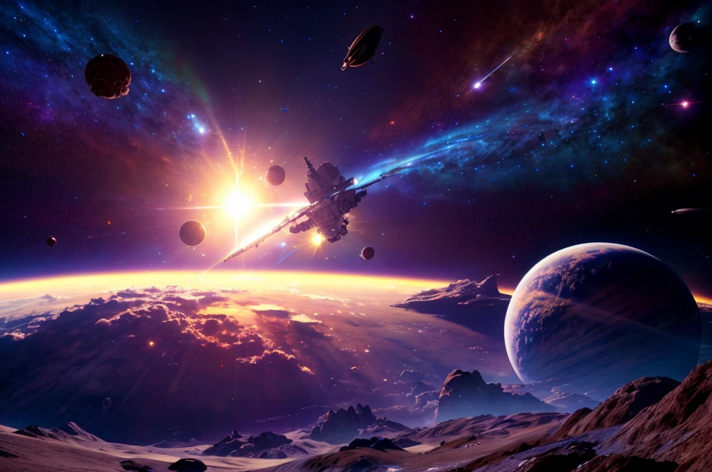 A space station located in space amidst the vast expanse of stars, planets, and galaxies would be a remarkable feat of engineering.(((masterpiece))), ((best quality)), realistic, 8k, ultra-detailed, realistic, scenery, ConceptArt,  Highly detailed RAW color Photo, side Angle, (lens flare:0.7), particle effects, raytracing, cinematic lighting, shallow depth of field, photographed on a Sony Alpha 1, 50mm wide angle lens, sharp focus, cinematic film still, dynamic pose.,