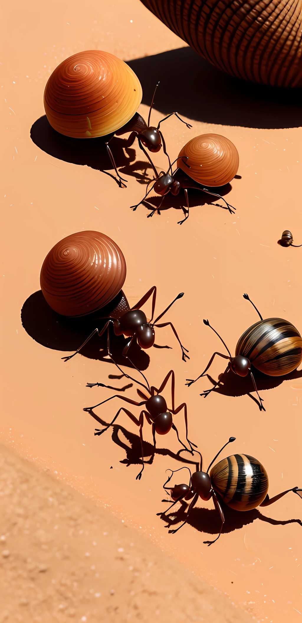 Ants fight a snail in the desert