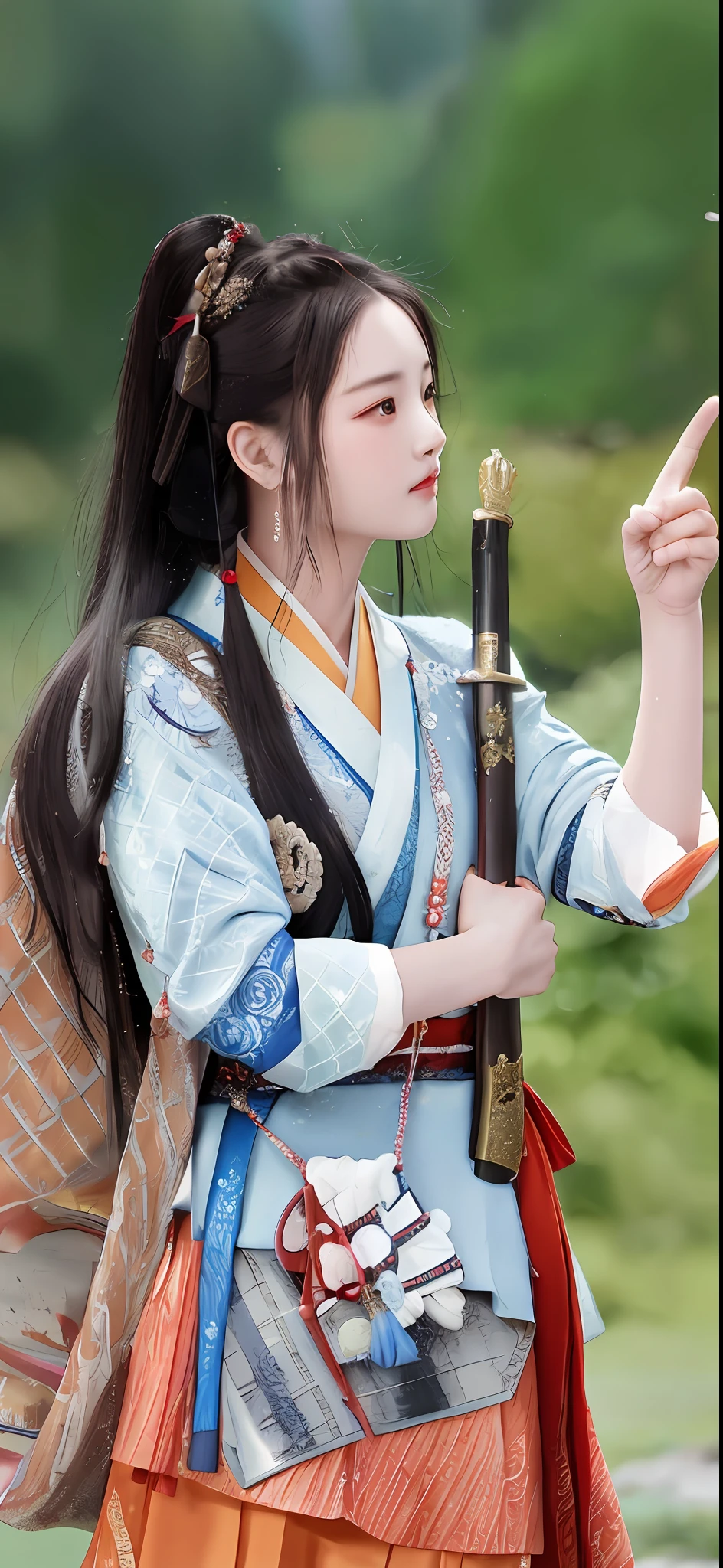 there is a woman in a traditional korean dress holding a sword, hanfu, full body wuxia, palace , a girl in hanfu, wuxia, holding a sword on her shoulder, inspired by Li Mei-shu, she is holding a katana sword, she is holding a sword, wearing ancient chinese clothes, a beautiful woman warrior