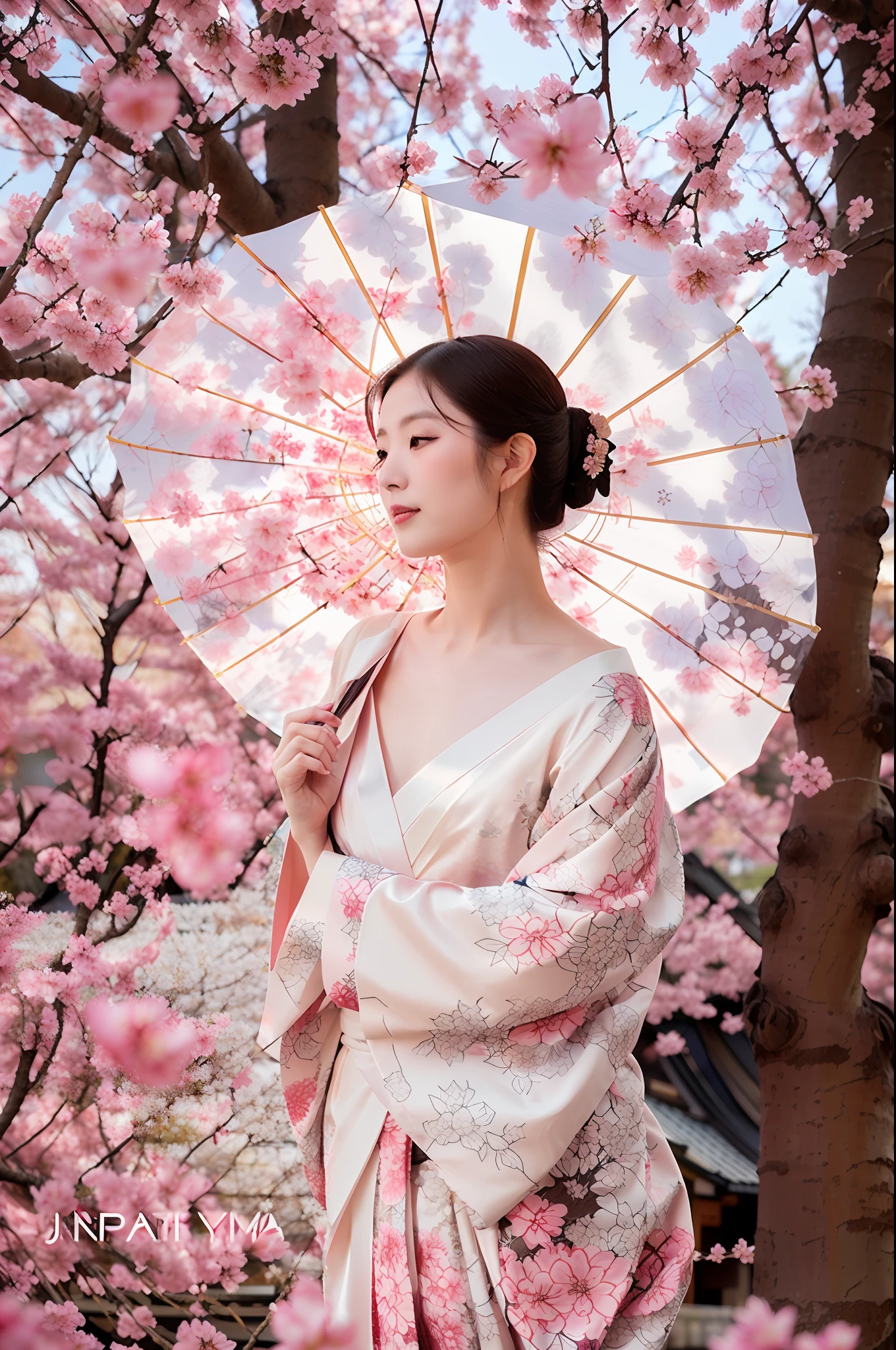 araffe woman in kimono with umbrella in front of cherry tree, elegant japanese woman, japanese woman, japanese model, pale and coloured kimono, japanese kimono, japaneese style, in kimono, japanese goddess, wearing kimono, japanese, japanese related with flowers, kimono, sakura season, flowing sakura-colored silk, japanese geisha, flowing sakura silk, japanese inspiration, 8k,