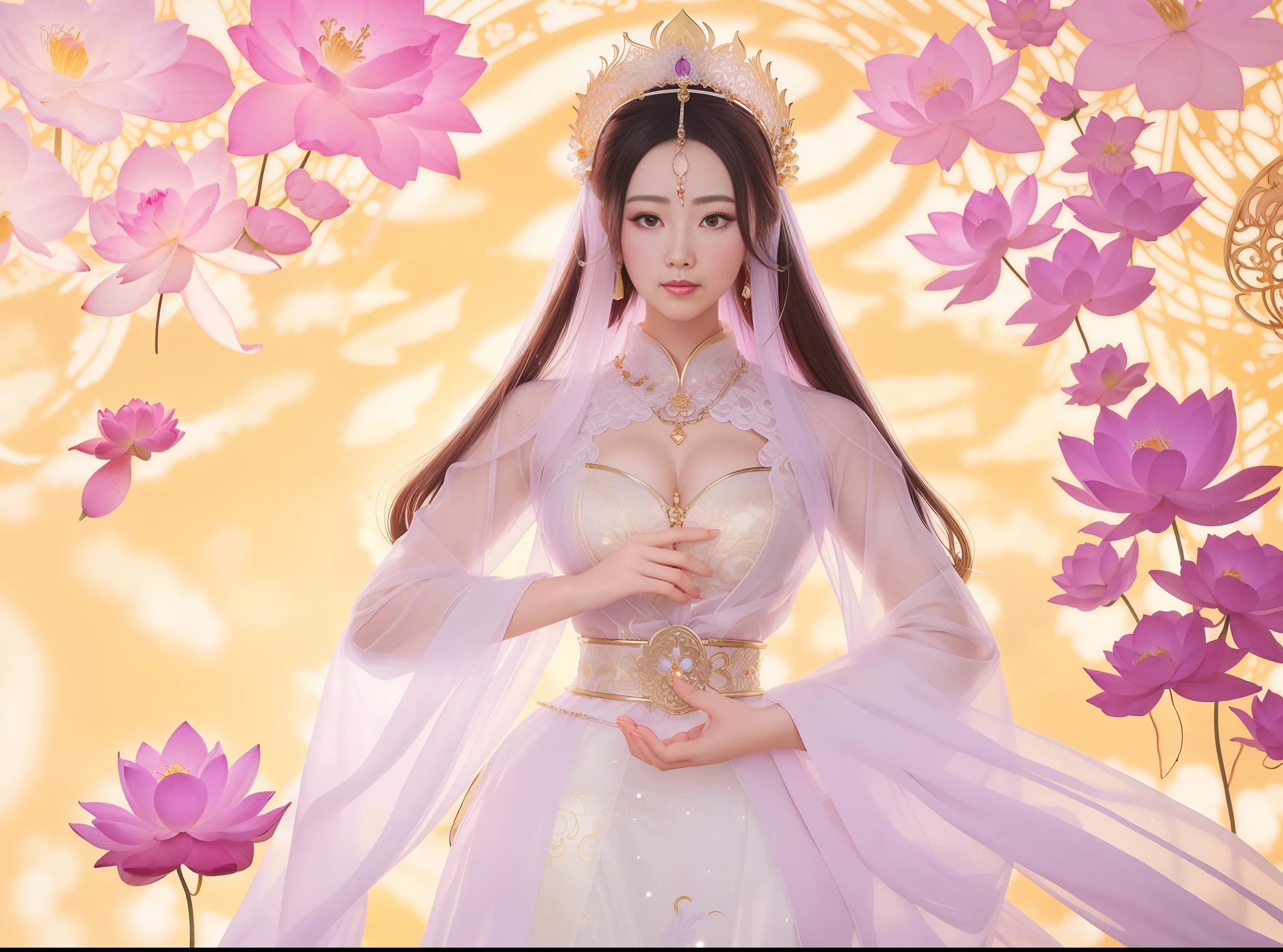 a close up of a woman in a sexy transparent white gold low-cut lace armor cleavage breasts with a lotus flower in her hand, head jewelry, violet necklace, jade belt , a beautiful fantasy empress, ((a beautiful fantasy empress)), beautiful celestial mage, beautiful character painting, full body xianxia, portrait knights of zodiac girl, by Yang J, g liulian art style, fantasy art style, foreshortening