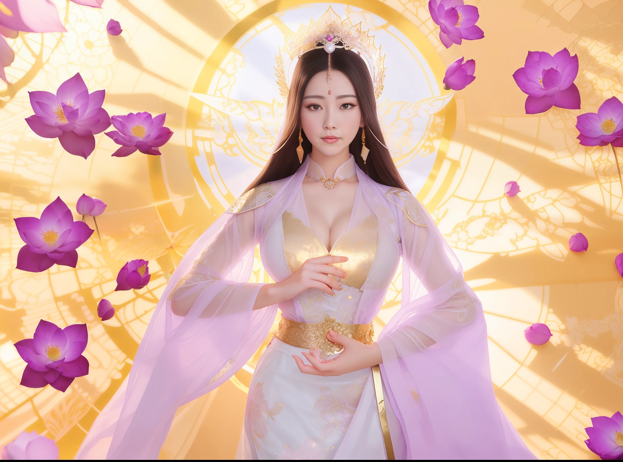a close up of a woman in a sexy transparent white gold low-cut lace armor cleavage breasts with a lotus flower in her hand, head jewelry, violet necklace, jade belt , a beautiful fantasy empress, ((a beautiful fantasy empress)), beautiful celestial mage, beautiful character painting, full body xianxia, portrait knights of zodiac girl, by Yang J, g liulian art style, fantasy art style, foreshortening