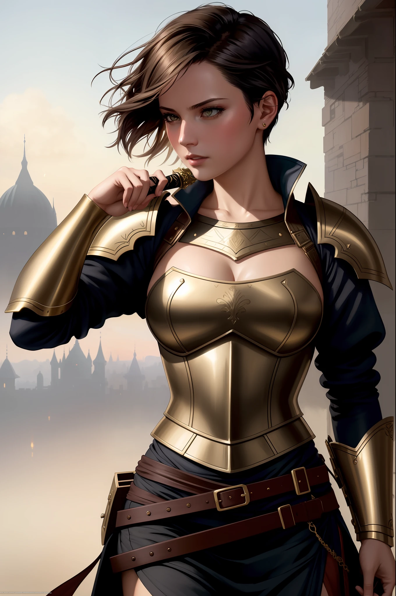 modelshoot style, (extremely detailed CG unity 8k wallpaper), full shot body photo of the most beautiful artwork in the world, girl in medieval armor, professional majestic oil painting by Ed Blinkey, Atey Ghailan, Studio Ghibli, by Jeremy Mann, Greg Manchess, Antonio Moro, trending on ArtStation, trending on CGSociety, Intricate, High Detail, Sharp focus, dramatic, photorealistic painting art by midjourney and greg Rutkowski, dynamic pose, holding a beautiful gold engraved sword, close up, ((extremely short hair, undercut))
