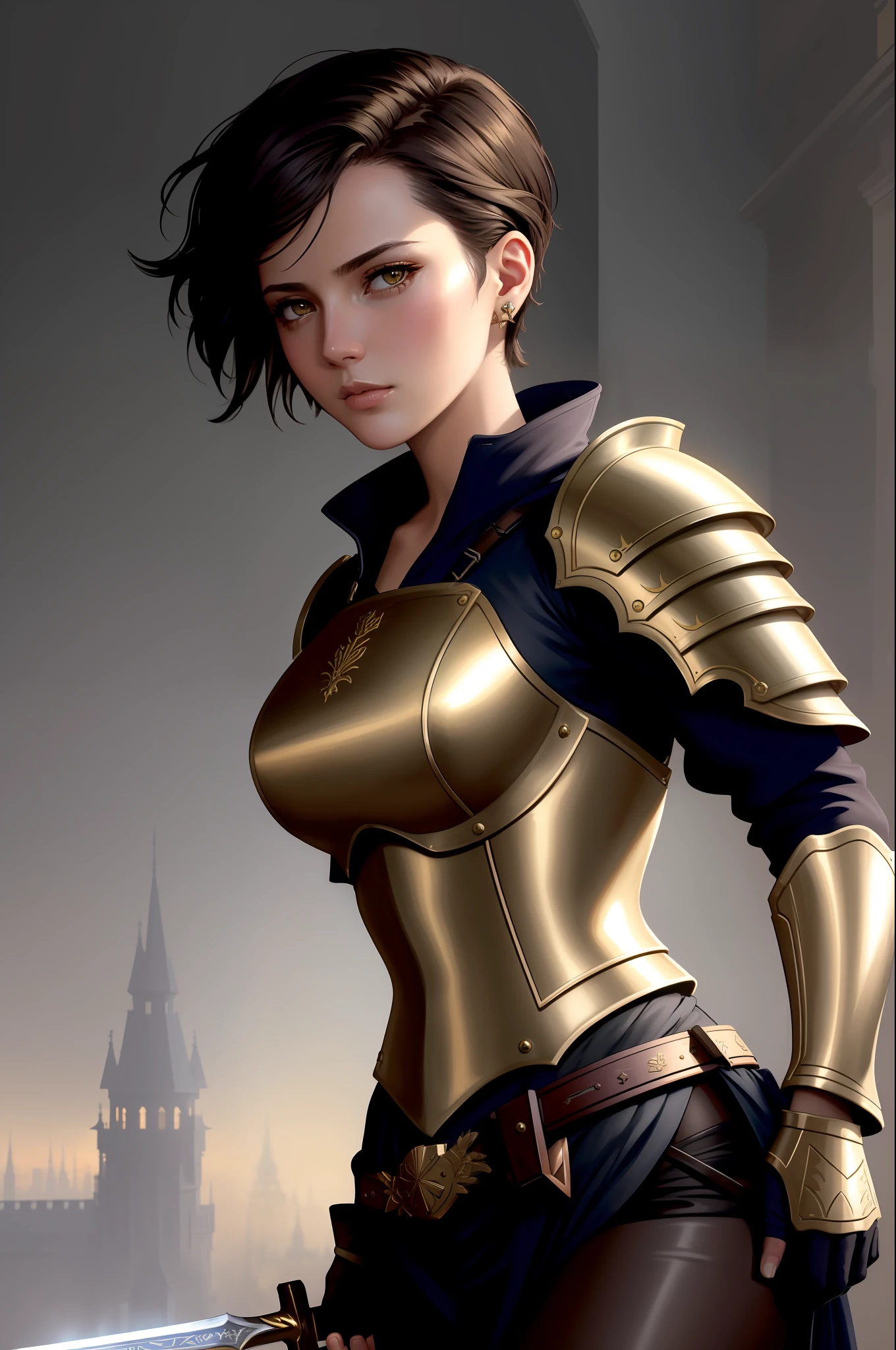 modelshoot style, (extremely detailed CG unity 8k wallpaper), full shot body photo of the most beautiful artwork in the world, girl in medieval armor, professional majestic oil painting by Ed Blinkey, Atey Ghailan, Studio Ghibli, by Jeremy Mann, Greg Manchess, Antonio Moro, trending on ArtStation, trending on CGSociety, Intricate, High Detail, Sharp focus, dramatic, photorealistic painting art by midjourney and greg Rutkowski, dynamic pose, holding a beautiful gold engraved sword, close up, ((extremely short hair, undercut))