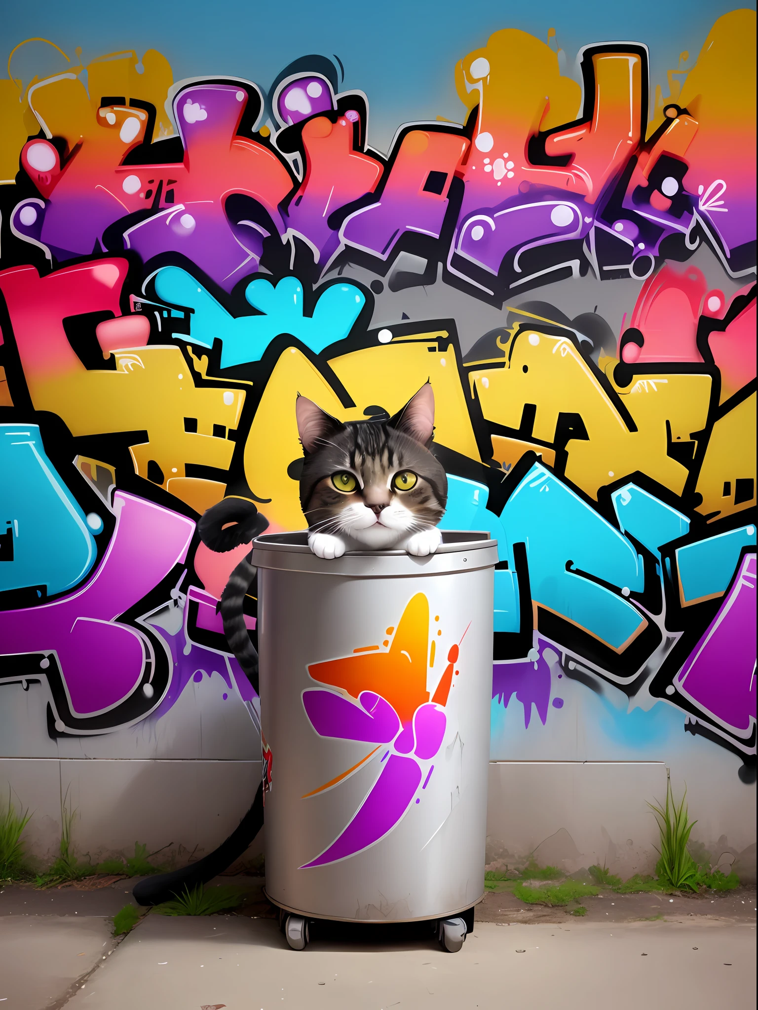 (Follow description) GRAFFITI ART, A CAT COMING OUT OF THE TRASH CAN, wall graffiti background, written 7v