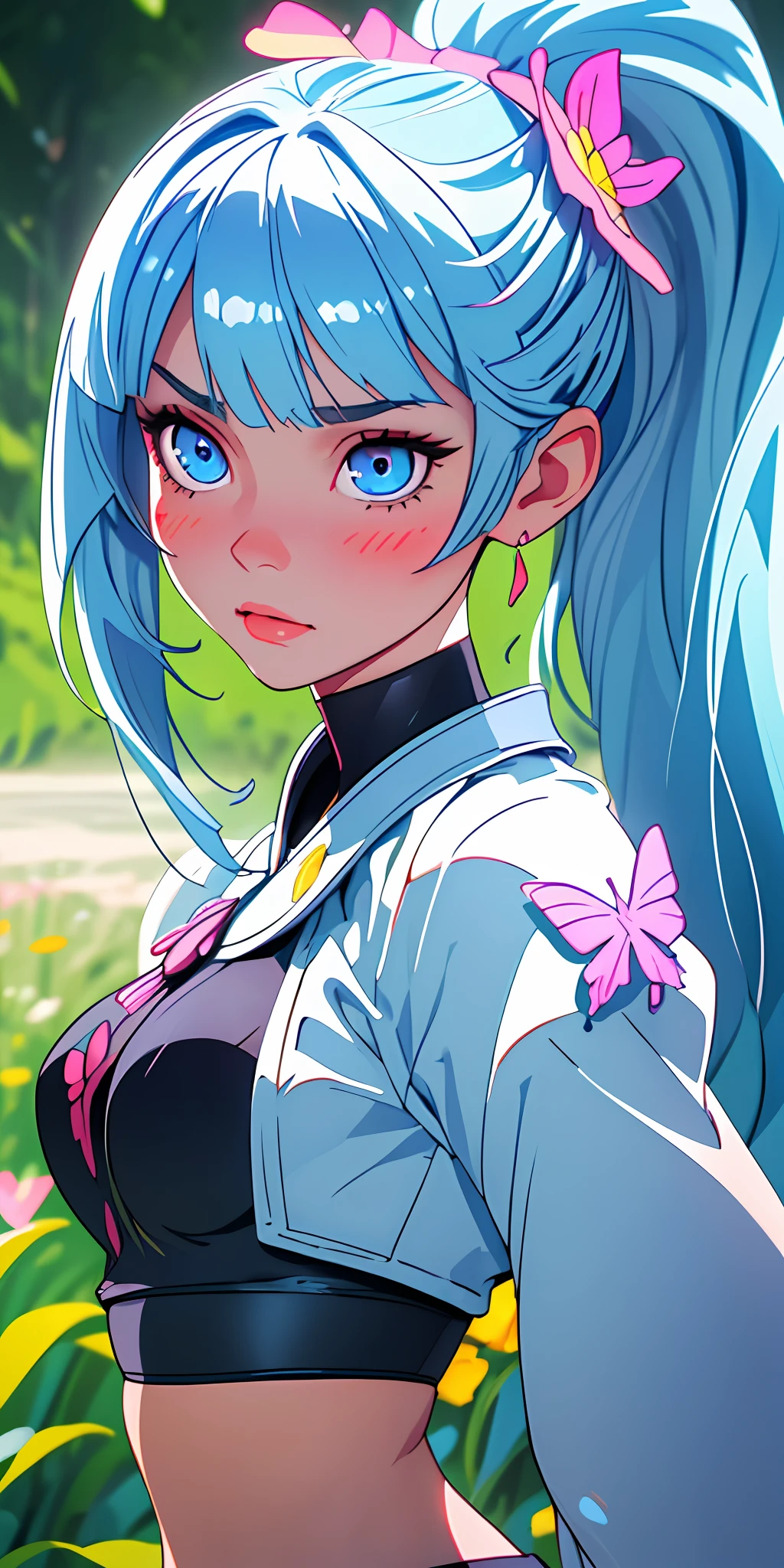 (masterpiece, sidelighting, finely detailed beautiful eyes: 1.2), masterpiece*portrait, realistic, 3d face, glowing eyes, shiny hair, lustrous skin, solo, embarassed, (midriff),alternative outfit, 1girl, solo,hair bow,butterfly hair ornament, lustrous skin, kamisato ayaka, ponytail, blunt bangs,hair flower,light blue hair, blue eyes, ponytail, medium breast,3D eye make up,blush
