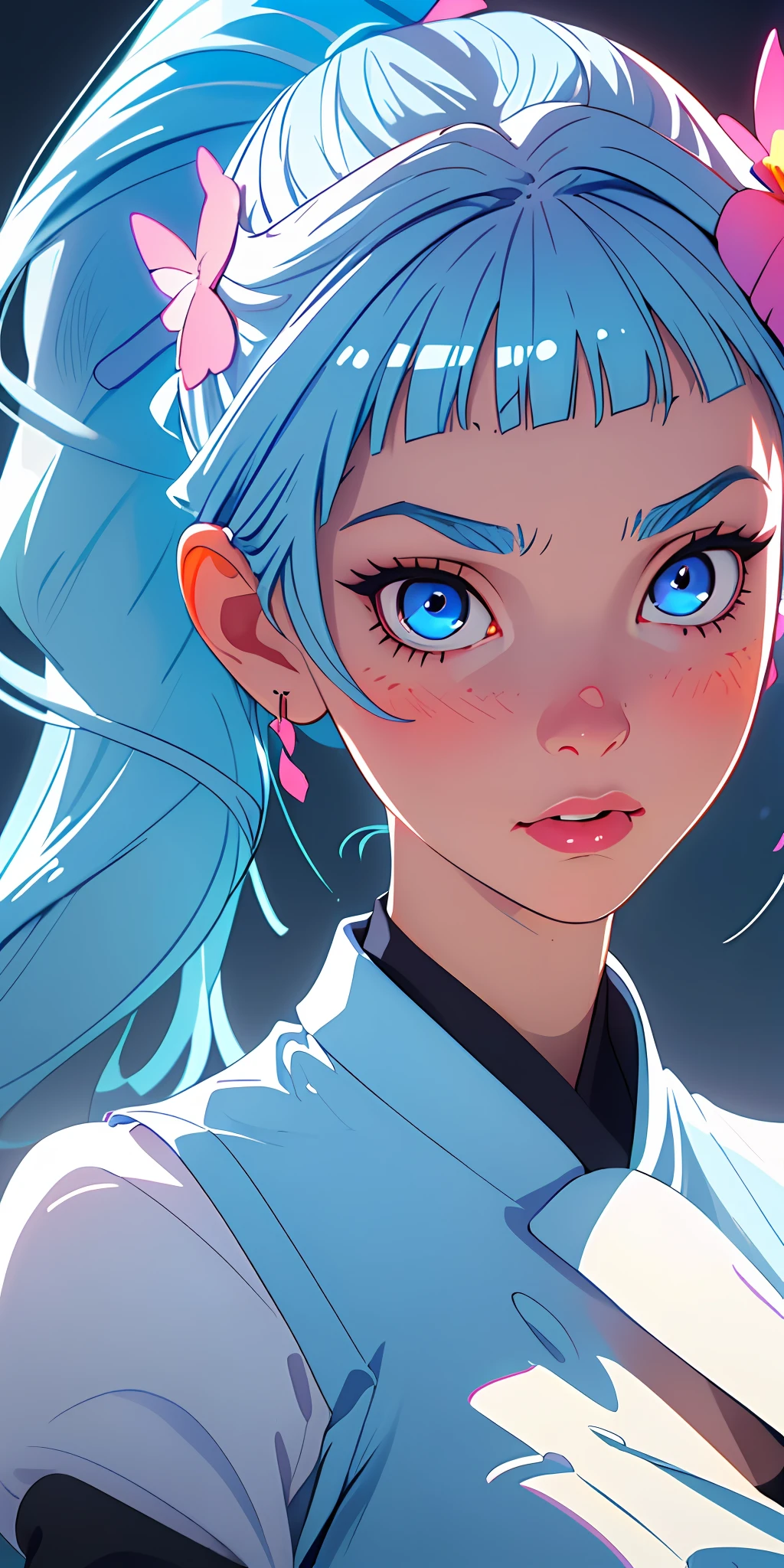 (masterpiece, sidelighting, finely detailed beautiful eyes: 1.2), masterpiece*portrait, realistic, 3d face, glowing eyes, shiny hair, lustrous skin, solo, embarassed, (midriff),alternative outfit, 1girl, solo,hair bow,butterfly hair ornament, lustrous skin, kamisato ayaka, ponytail, blunt bangs,hair flower,light blue hair, blue eyes, ponytail, medium breast,3D eye make up,blush