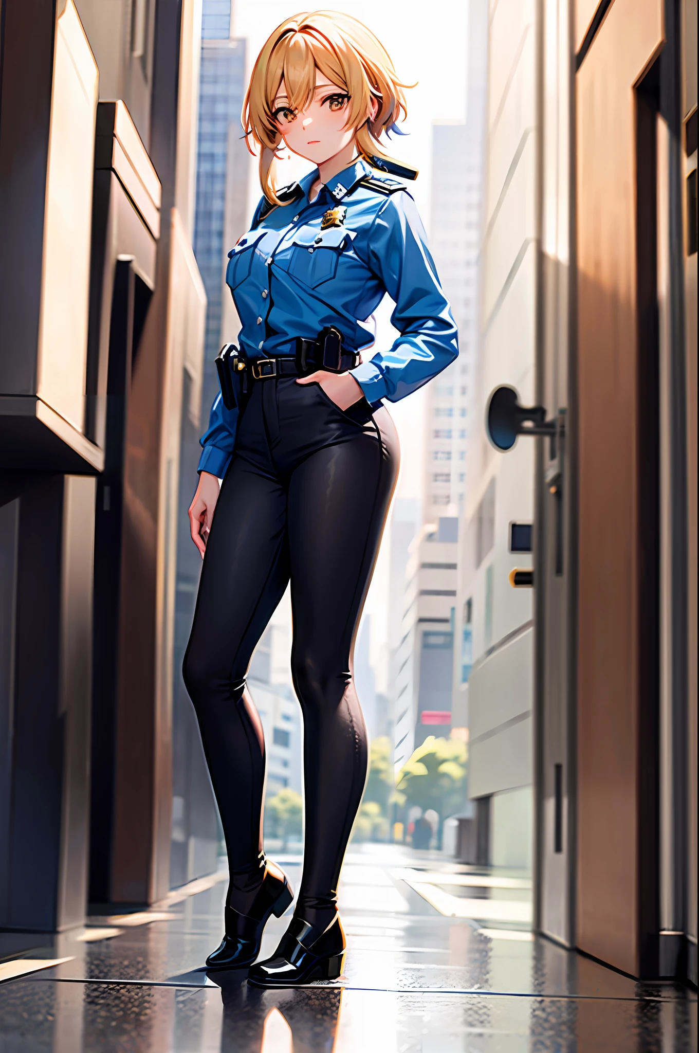 Beautiful, standing, looking at viewer, (police uniform:1.5), city background