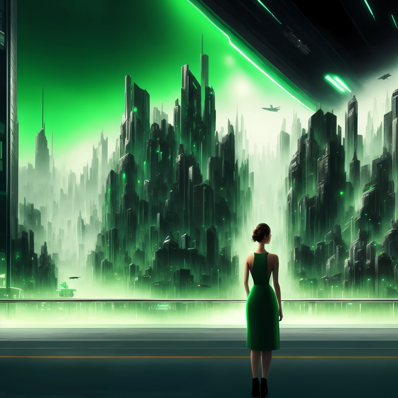 BEAUTIFUL WOMAN WITH GREEN EYES, STANDING IN FRONT OF A FUTURISTIC CITY, I WANT A VERY REAL IMAGE