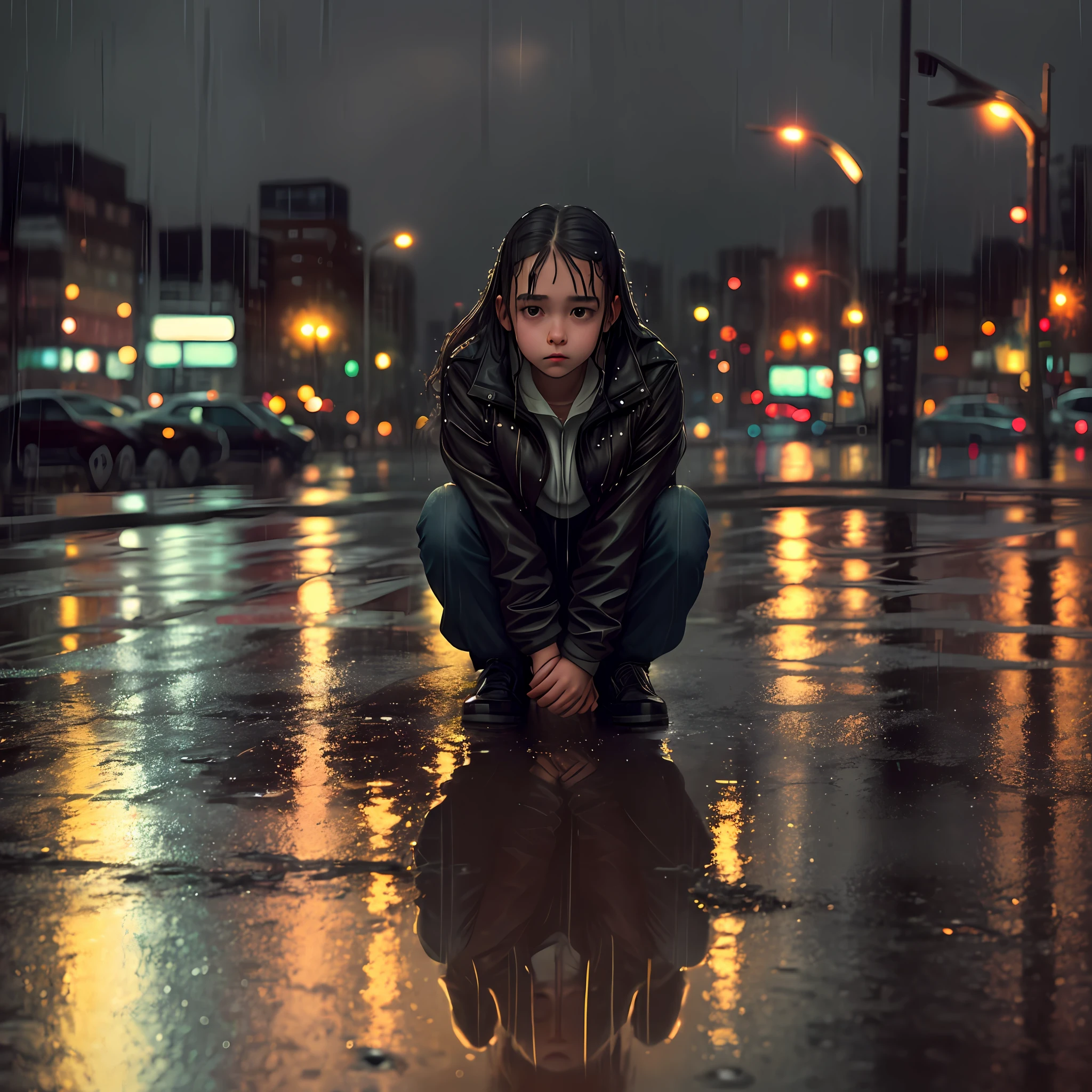 Girl with head tilted to the ground, sad, rainy weather, reflection of the city lights reflecting off the wet parts