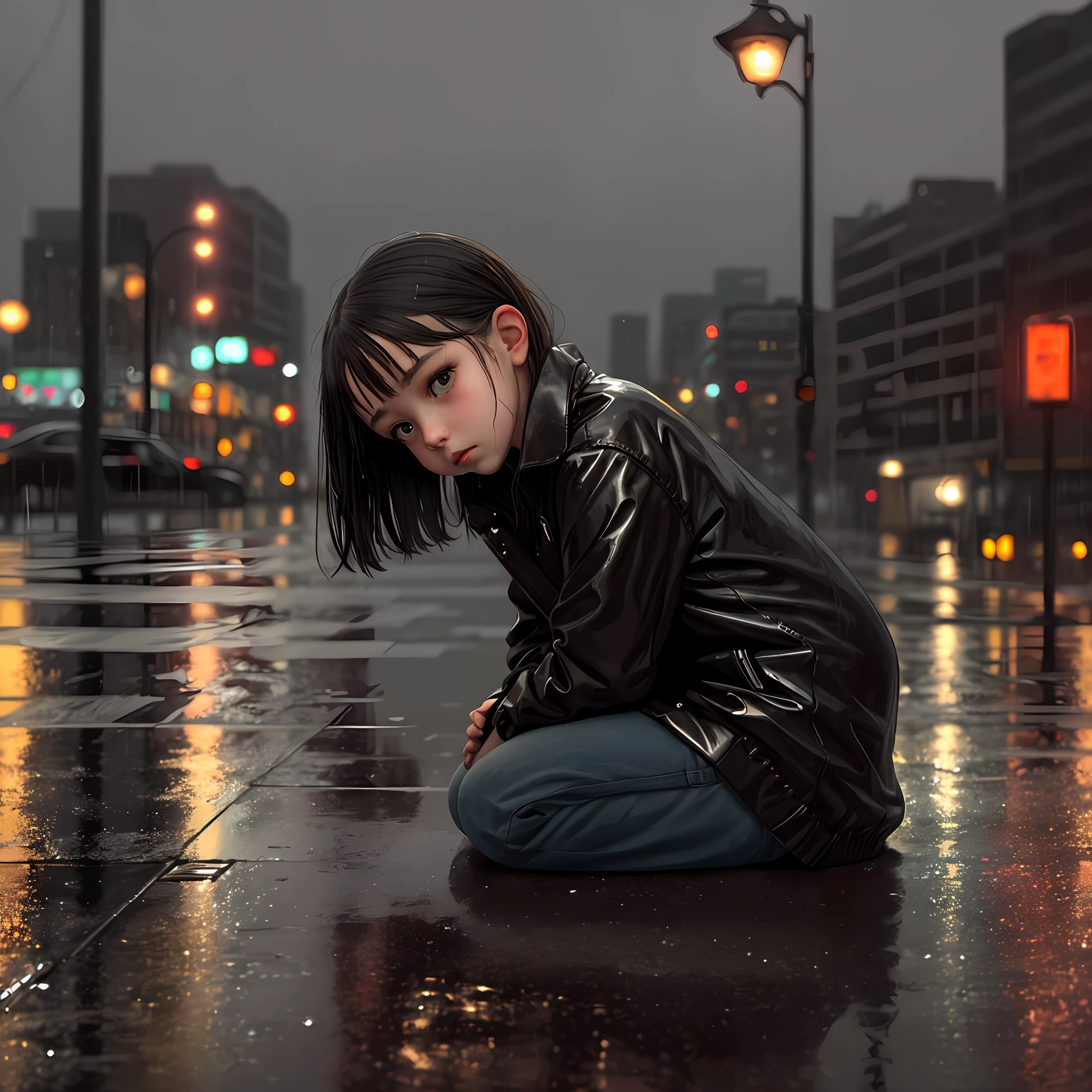 Girl with head tilted to the ground, sad, rainy weather, reflection of the city lights reflecting off the wet parts