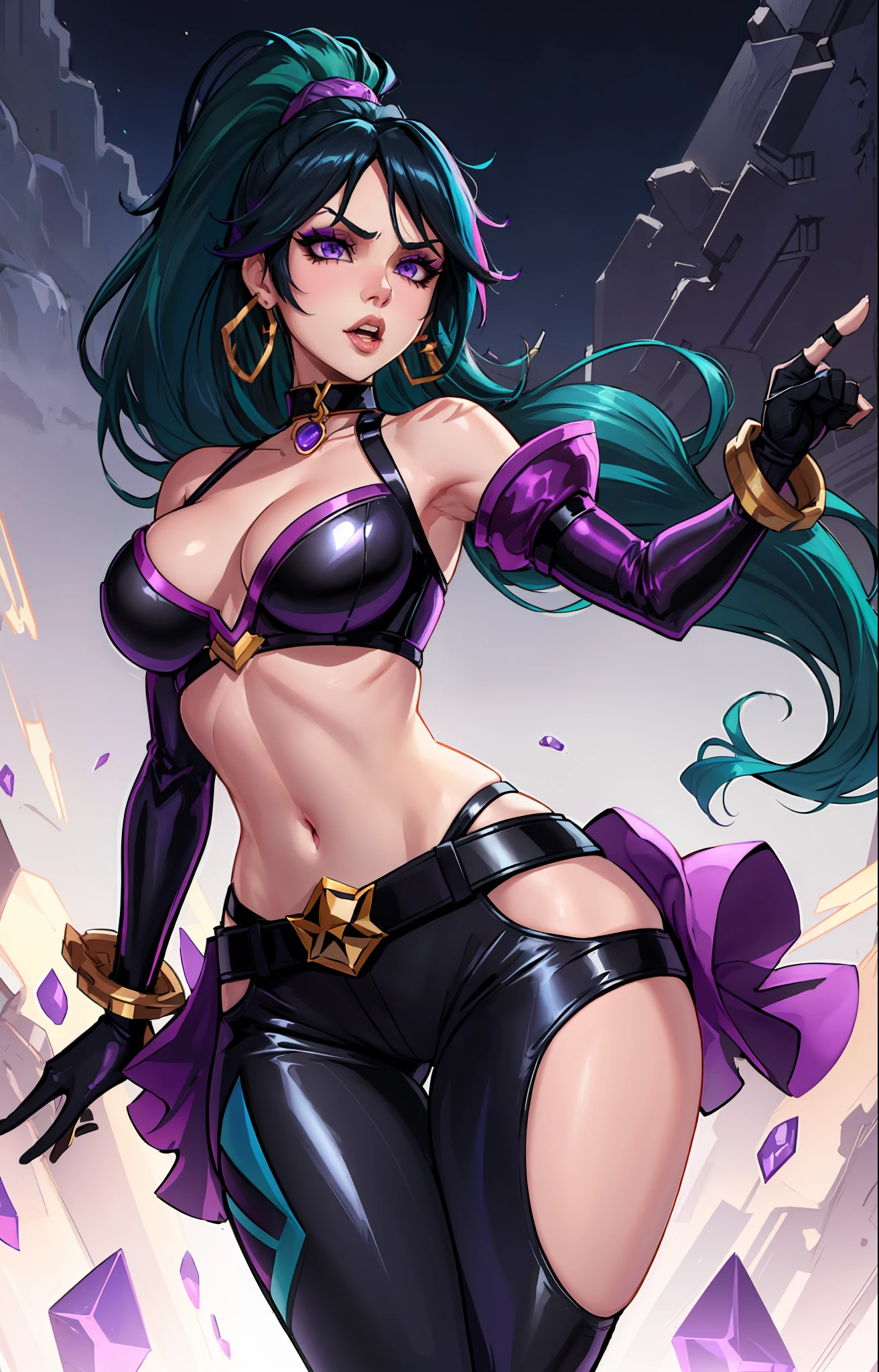 (studio), high detailed, 8k, highres, (k/da all out kai'sa), league of legends, k/da \(league of legends\), 1girl, solo, cowboy shot, official alternate costume, black hair, multicolored hair, long hair, very long hair, ponytail, long ponytail, streaked hair, green hair, two-tone hair, purple eyes, lips, jewelry, earrings, makeup, bare shoulders, crop top, black crop top, collarbone, collar, shiny clothes, detached sleeves, breasts, medium breasts, crystals, gloves, elbow gloves, single fingerless glove, midriff, belt, pants, white pants, tight pants, high-waist pants, looking at viewer, spreading legs,ahegao face,legs spread