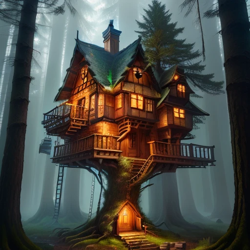 A fancy tree house in a big spruce. The tree trunk has small windows that are lit. down on the ground is a beautiful door in the tree. 16k. Mythical cinematic