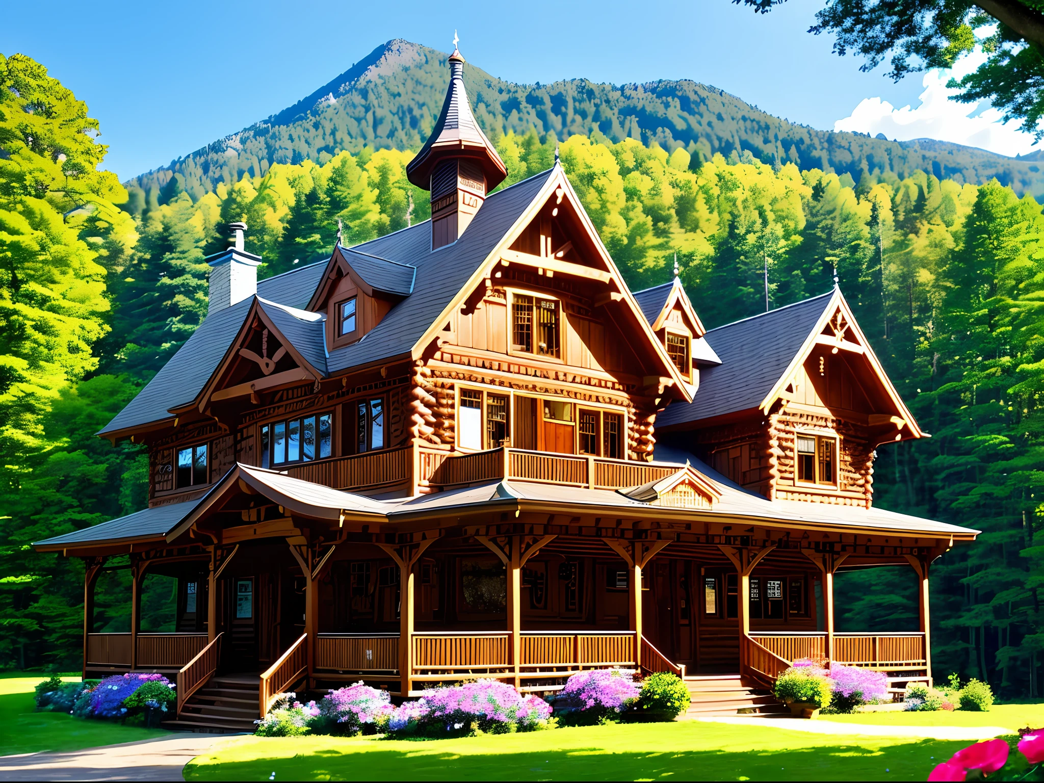 huge wooden Slavonic house, well sunlit, porch, two storeys, carved casings on the windows, small turrets, Slavonic house, wood carvings, by the river against a pine forest background, sunny summer day, very many flowers in front of the house