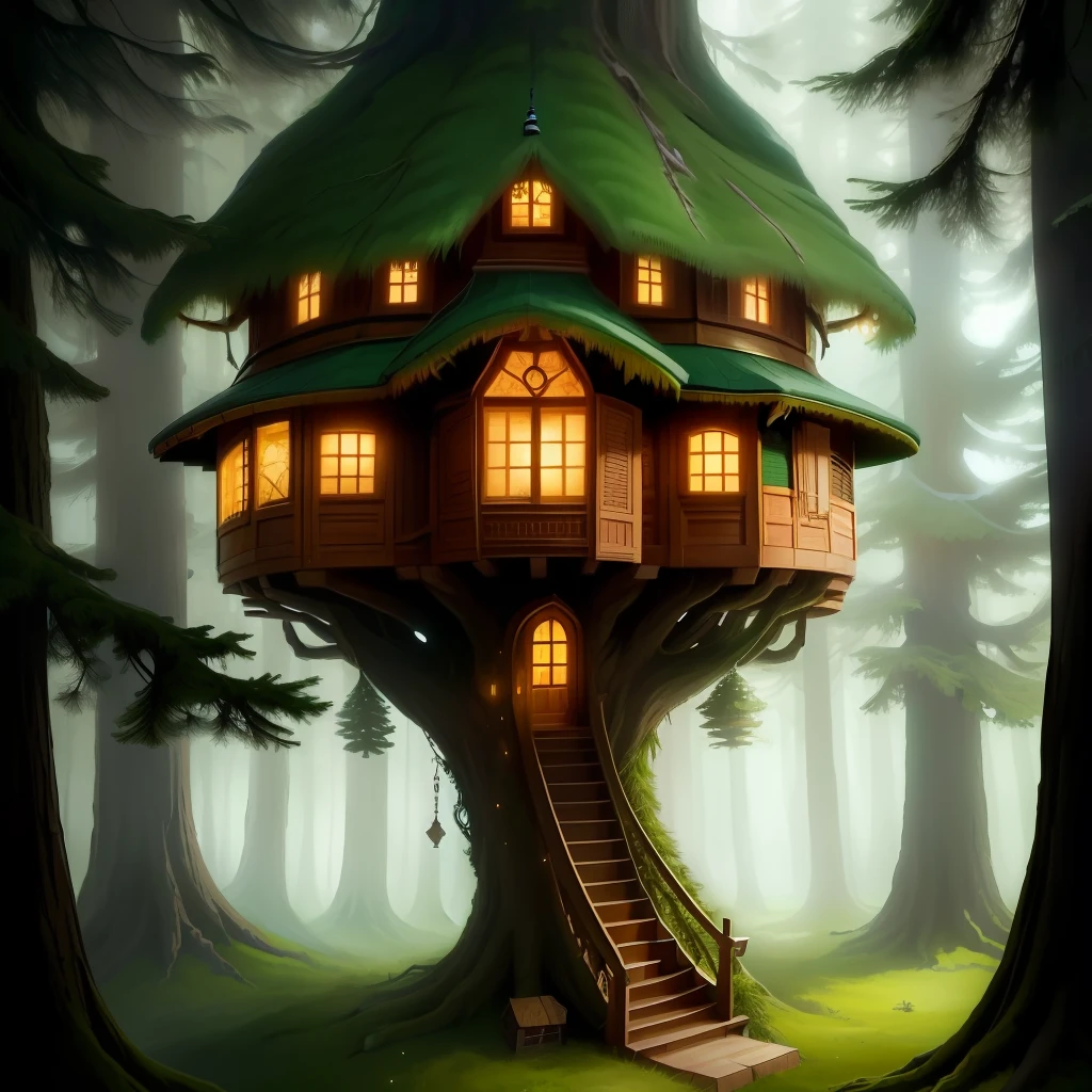 A fancy tree house in a big spruce. The tree trunk has small windows that are lit. down on the ground is a beautiful door in the tree. 16k. Mythical cinematic