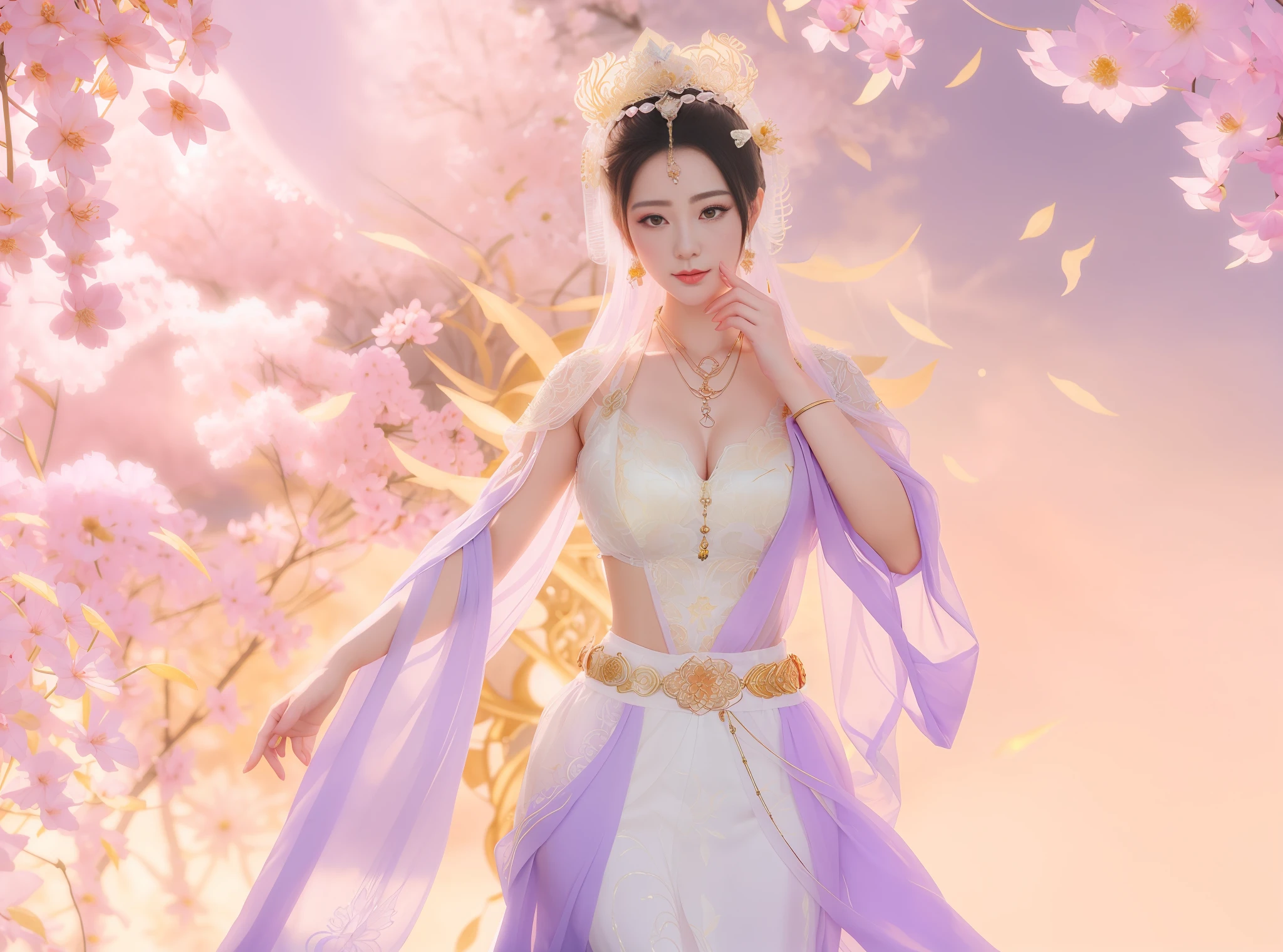 a close up of a woman in a sexy transparent white gold low-cut lace armor cleavage breasts with a lotus flower in her hand, head jewelry, violet necklace, jade belt , a beautiful fantasy empress, ((a beautiful fantasy empress)), beautiful celestial mage, beautiful character painting, full body xianxia, portrait knights of zodiac girl, by Yang J, g liulian art style, fantasy art style, foreshortening
