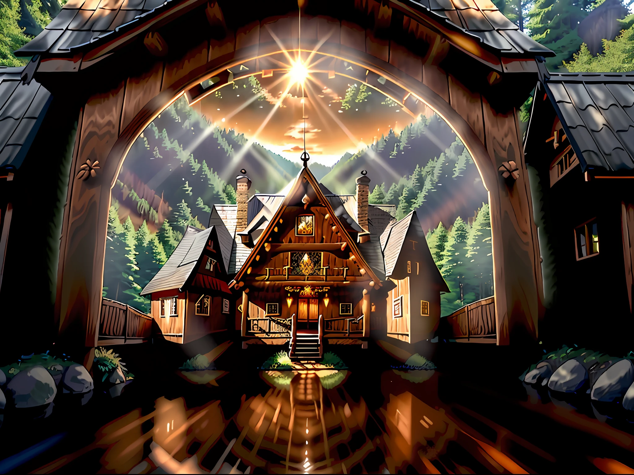 huge wooden log house in Slavic style, well sunlit, porch, carved window platbands, small turrets, terem, Slavic house, wood carvings, by the river against a pine forest background, sunny summer day