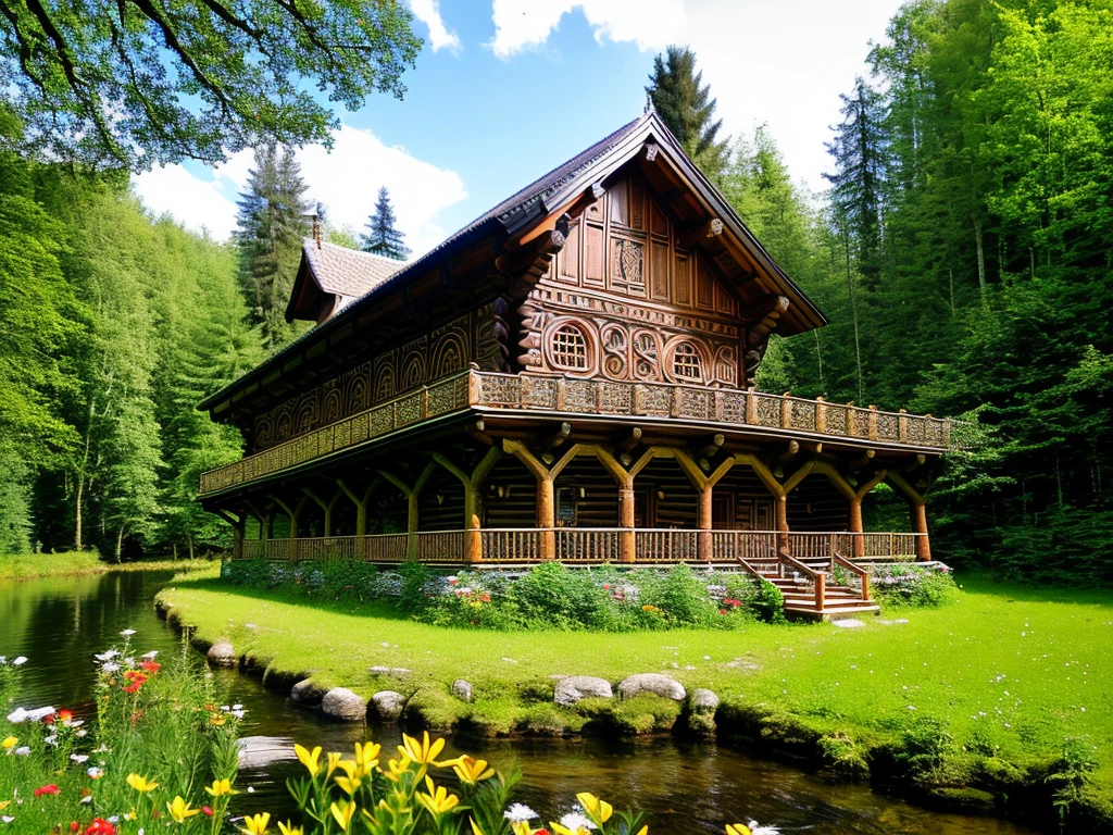 huge wooden Slavonic house, well sunlit, porch, two storeys, carved casings on the windows, small turrets, Slavonic house, wood carvings, by the river against a pine forest background, sunny summer day, very many flowers in front of the house