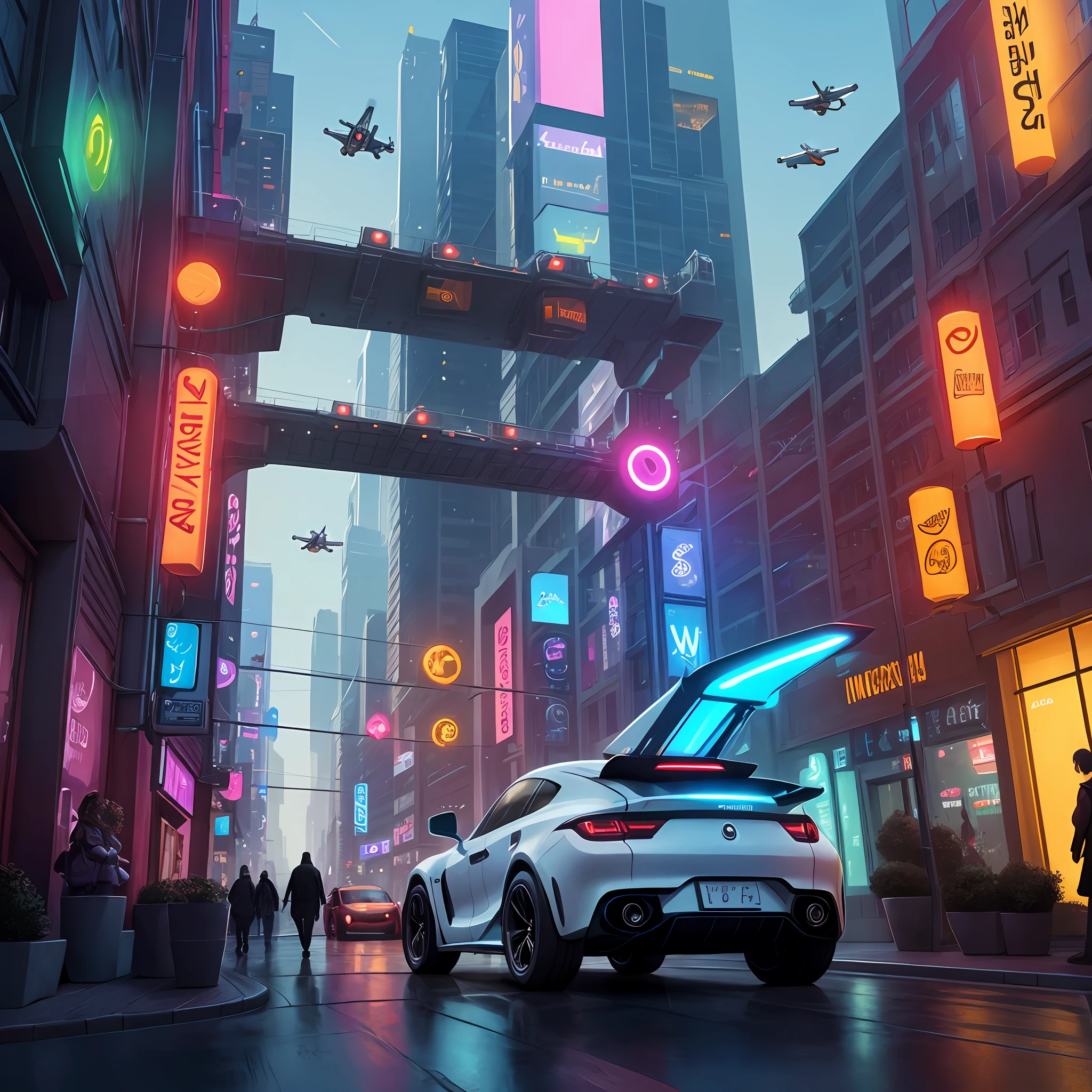 Technological City, flying cars, bright lights, various colors, people walking