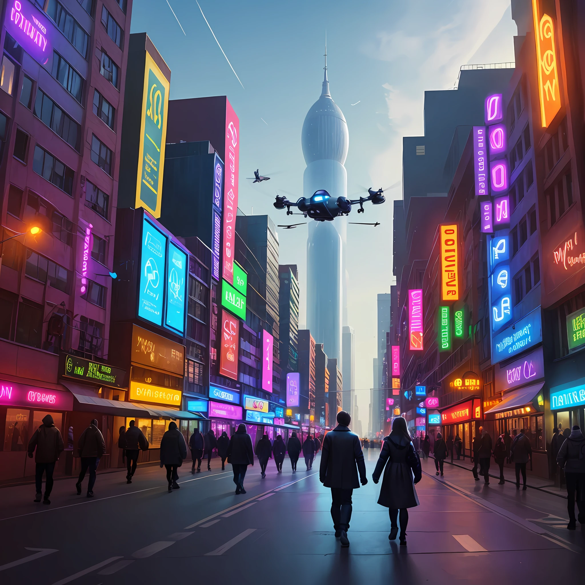 Technological City, flying cars, bright lights, various colors, people walking