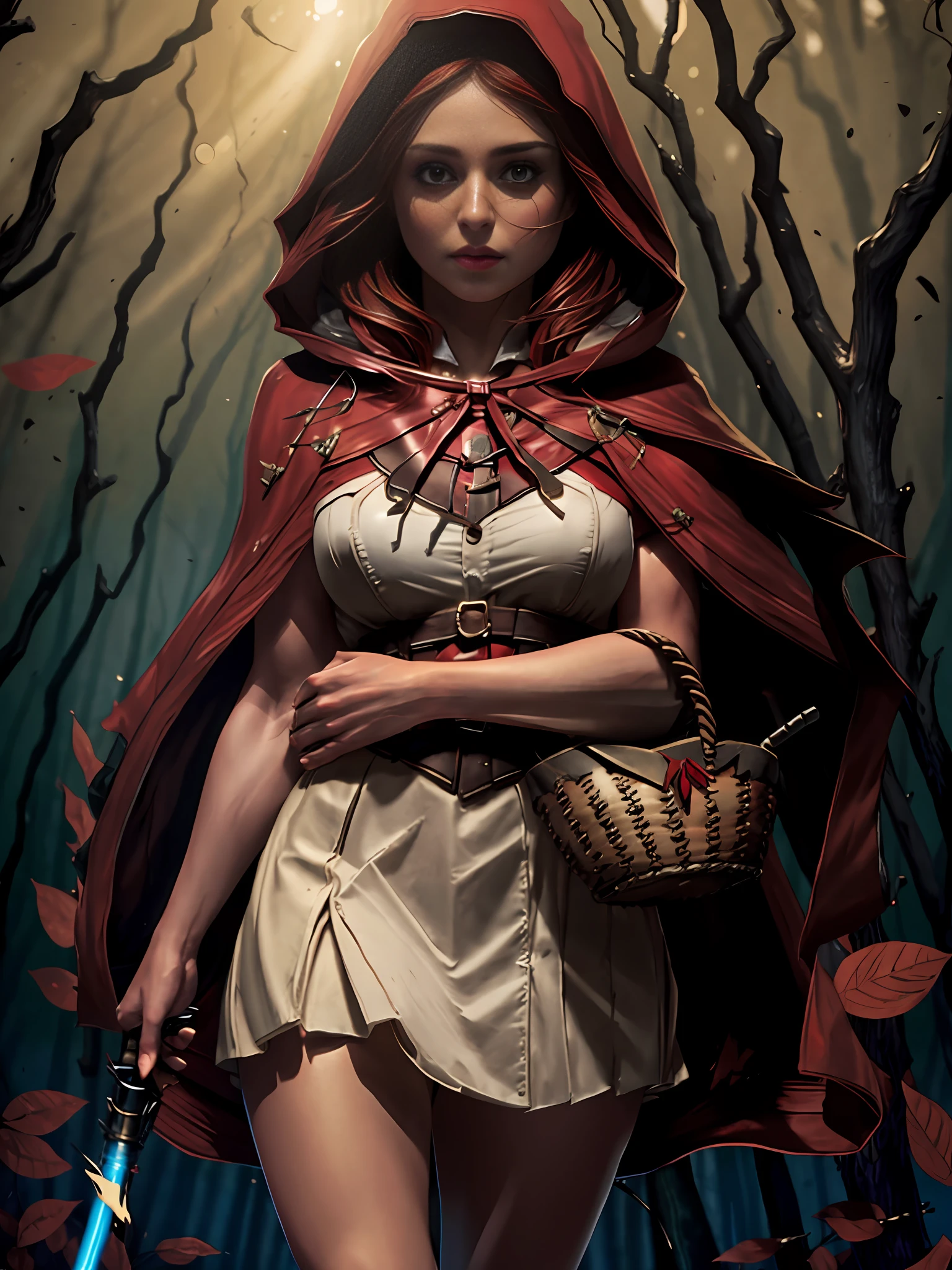 extremely beautiful red riding hood, subtle makeup, golden hour, photorealistic, high contrast, 8k HD, detailed, hyper-detailed, realistic skin texture, covered with red hood, large breast, best quality, ultra high res, raw photo, dramatic lighting, unreal engine, diffuse glow, intricate red hood, outdoor, realistic detailed dark forest, falling leaves, breeze, holding light saber