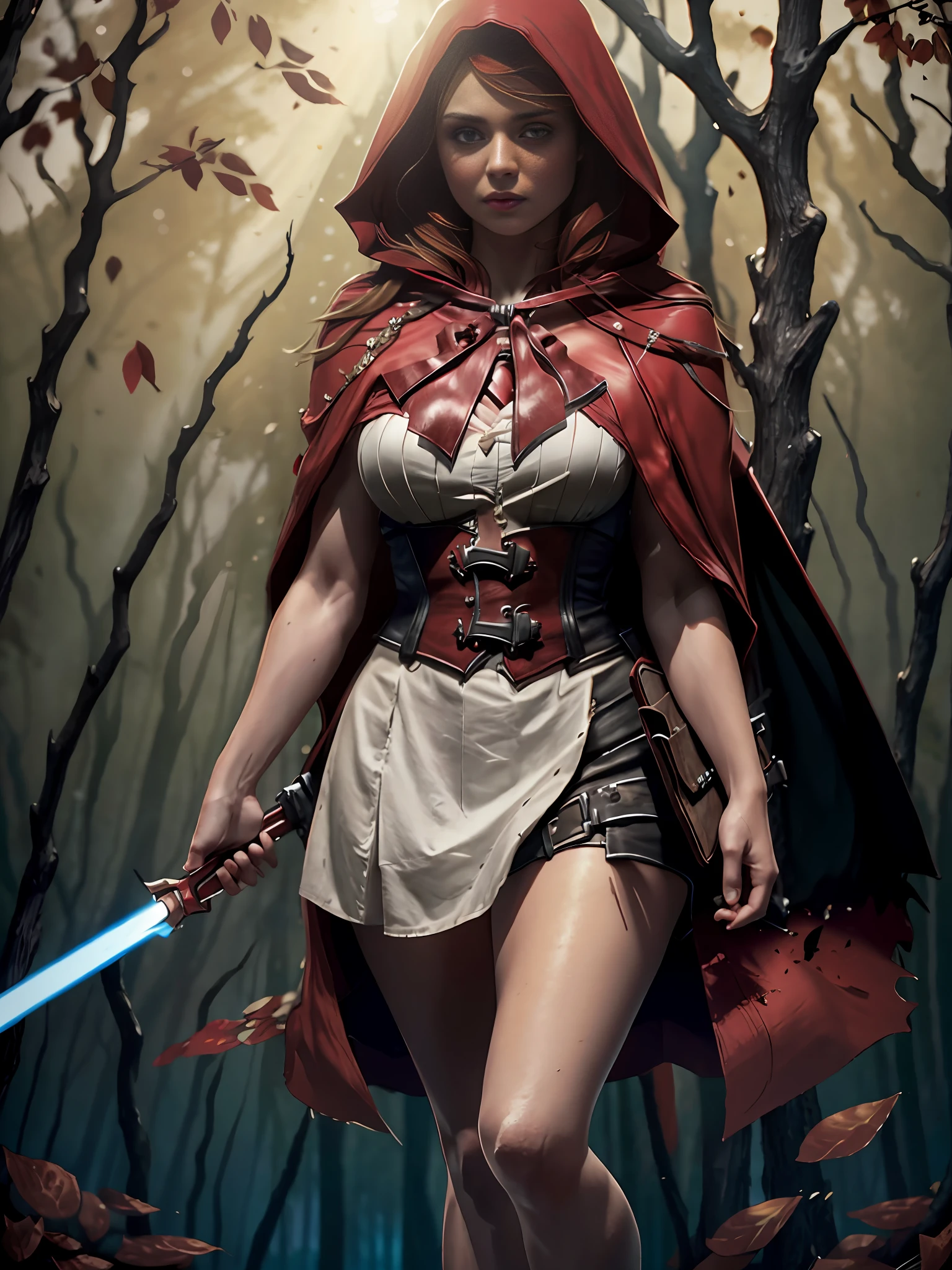 extremely beautiful red riding hood, subtle makeup, golden hour, photorealistic, high contrast, 8k HD, detailed, hyper-detailed, realistic skin texture, covered with red hood, large breast, best quality, ultra high res, raw photo, dramatic lighting, unreal engine, diffuse glow, intricate red hood, outdoor, realistic detailed dark forest, falling leaves, breeze, holding light saber