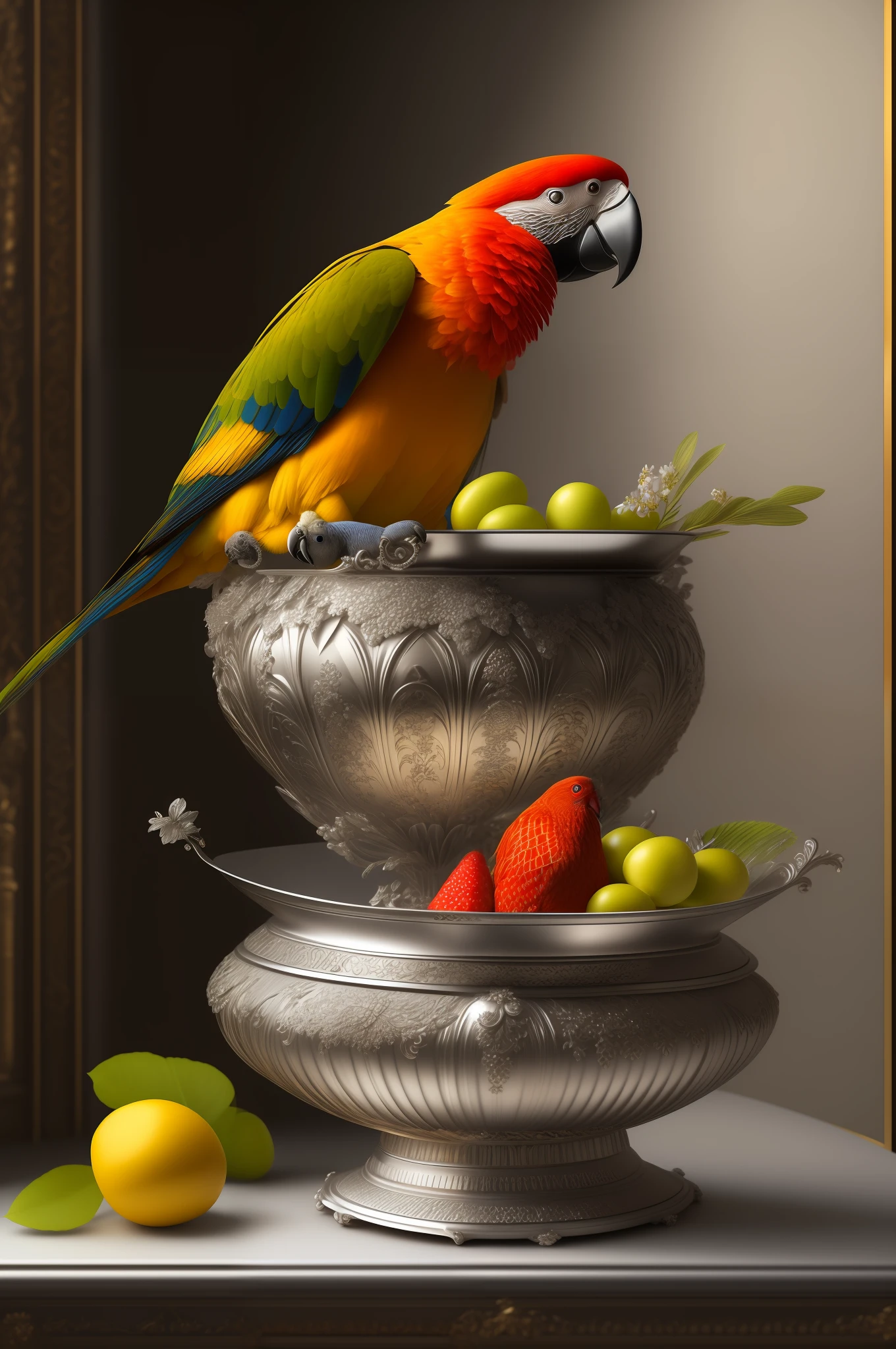 Luxury still life with colorful parrot and bright fruit in a silver bowl, in the style of Jan David de Heem, baroque concept design, complex filigree metal design, André-Charles Boullée, cinematic 4D rendering, soft textures, digital painting, rich 3D rendering, hyper-realistic painting, monochrome background, 8k, hd, high resolution, detailed, ultra-high resolution, high resolution, detail, masterpiece, premium photography, depth sharpness, HDR, chromatic aberration, photorealism, very detailed, art trend, CGsociety trend, intricate, Midjourney v5