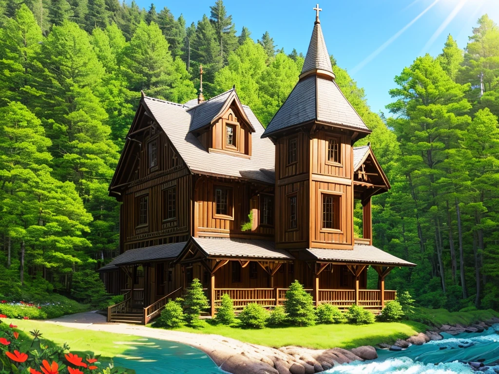 huge wooden Slavonic house, well sunlit, porch, two storeys, carved casings on the windows, small turrets, Slavonic house, wood carvings, by the river against a pine forest background, sunny summer day, very many flowers in front of the house