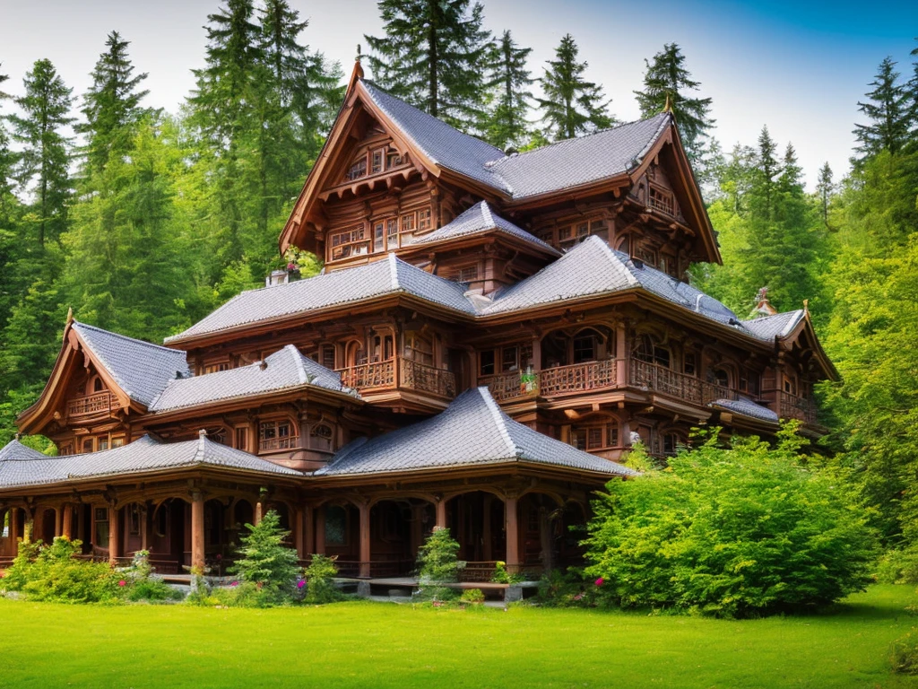 huge wooden Slavonic house, well sunlit, porch, two storeys, carved casings on the windows, small turrets, Slavonic house, wood carvings, by the river against a pine forest background, sunny summer day, very many flowers in front of the house