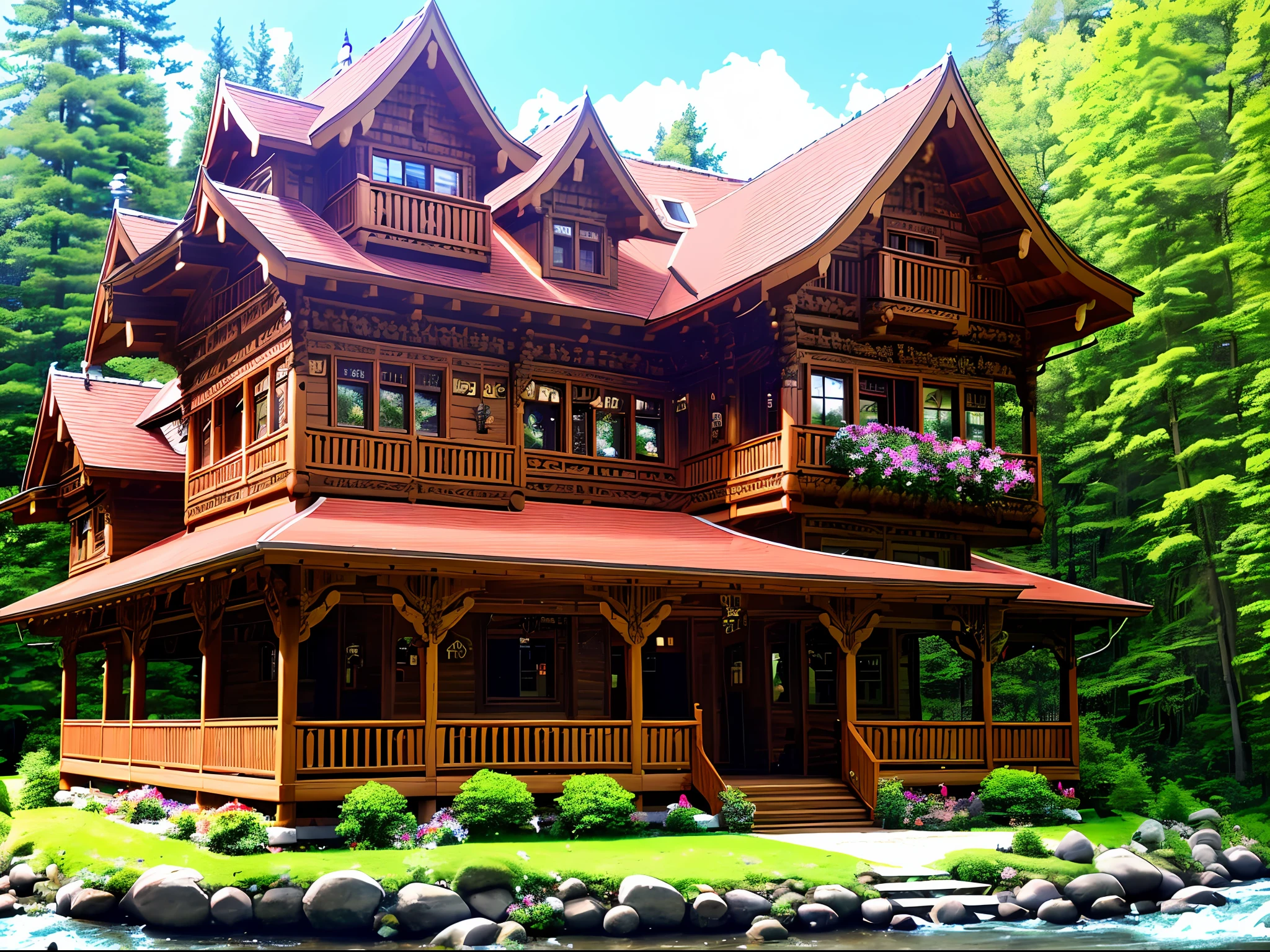 huge wooden Slavonic house, well sunlit, porch, two storeys, carved casings on the windows, small turrets, Slavonic house, wood carvings, by the river against a pine forest background, sunny summer day, very many flowers in front of the house