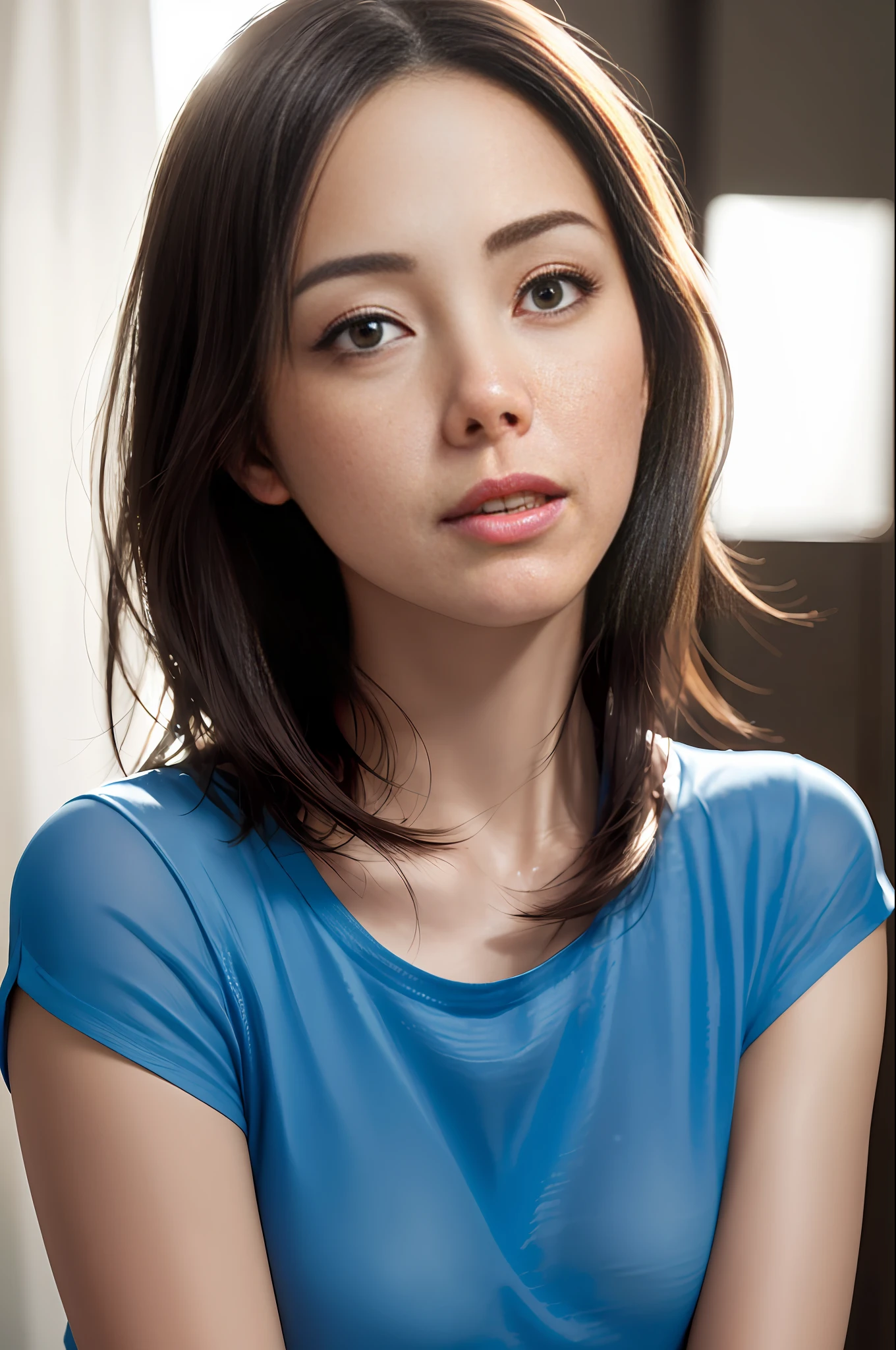 dressed, (photo realistic:1.4), (hyper realistic:1.4), (realistic:1.3), (smoother lighting:1.05), (increase cinematic lighting quality:0.9), 32K, 1girl,20yo girl, realistic lighting, backlighting, light on face, ray trace, (brightening light:1.2), (Increase quality:1.4), (best quality real texture skin:1.4), finely detailed eyes, finely detailed face, finely quality eyes, (tired and sleepy and satisfied:0.0), face closeup, t-shirts, (Increase body line mood:1.1), (Increase skin texture beauty:1.1)