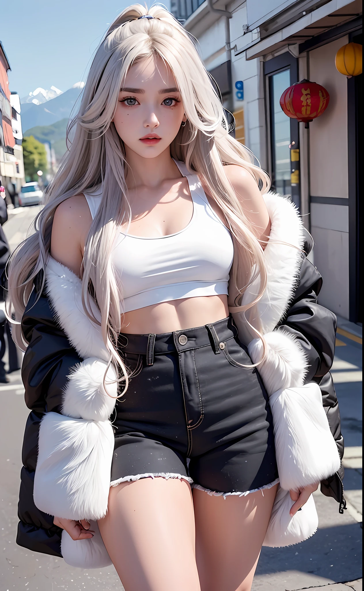 realistic, 8k, 1girl, white wavy long hair, Chinese, heterochromic eyes, moles under the eyes, thick eyebrows, fluffy down jacket, small shorts, tuned abs, thighs,