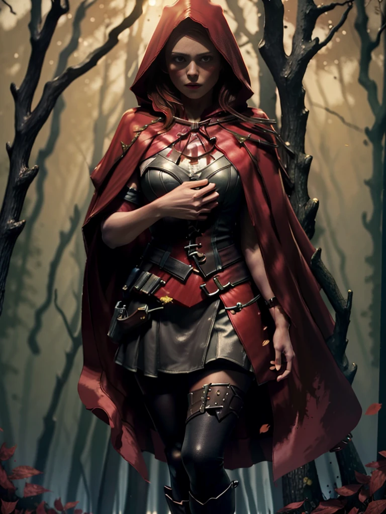 extremely beautiful red riding hood, subtle makeup, golden hour, photorealistic, high contrast, 8k HD, detailed, hyper-detailed, realistic skin texture, covered with red hood, large breast, best quality, ultra high res, raw photo, dramatic lighting, unreal engine, diffuse glow, intricate red hood, outdoor, realistic detailed dark forest, falling leaves, breeze, holding light saber