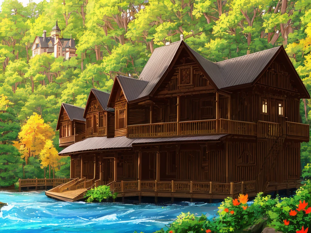 huge wooden Slavonic house, well sunlit, porch, two storeys, carved casings on the windows, small turrets, Slavonic house, wood carvings, by the river against a pine forest background, sunny summer day, very many flowers in front of the house
