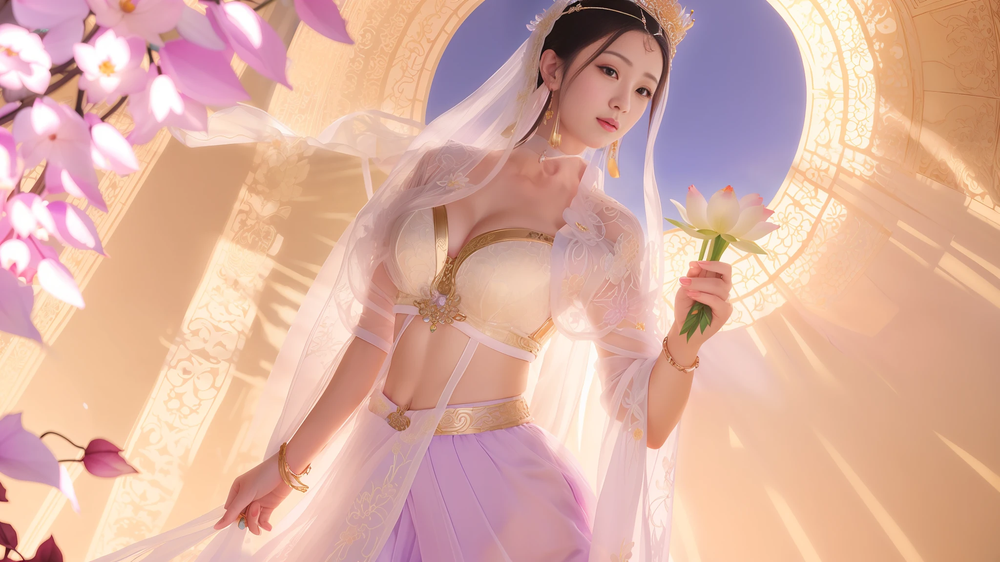 a close up of a woman in a sexy transparent white gold low-cut lace armor cleavage breasts with a lotus flower in her hand, head jewelry, violet necklace, jade belt , a beautiful fantasy empress, ((a beautiful fantasy empress)), beautiful celestial mage, beautiful character painting, full body xianxia, portrait knights of zodiac girl, by Yang J, g liulian art style, fantasy art style, foreshortening