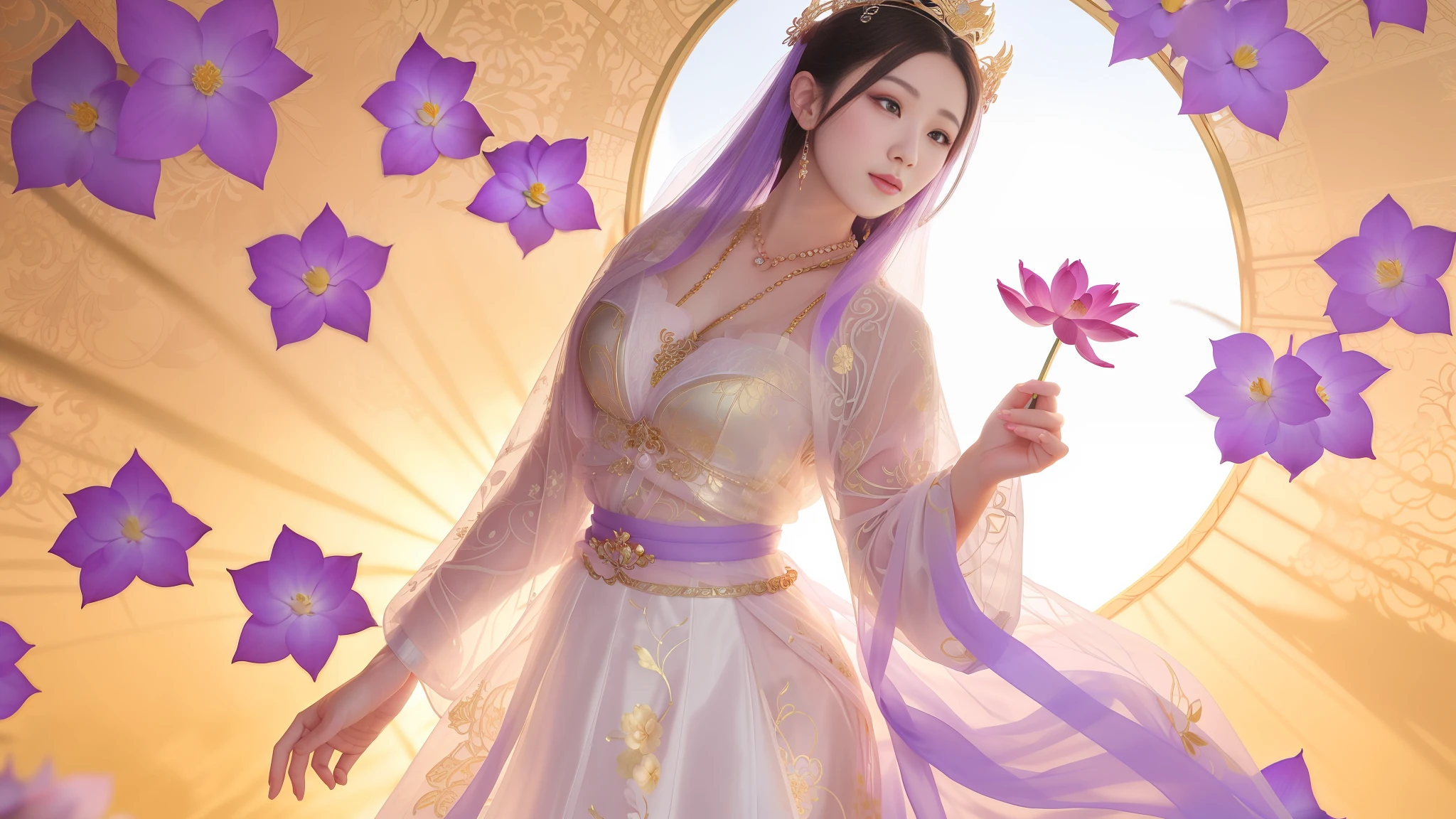 a close up of a woman in a sexy transparent white gold low-cut lace armor cleavage breasts with a lotus flower in her hand, head jewelry, violet necklace, jade belt , a beautiful fantasy empress, ((a beautiful fantasy empress)), beautiful celestial mage, beautiful character painting, full body xianxia, portrait knights of zodiac girl, by Yang J, g liulian art style, fantasy art style, foreshortening
